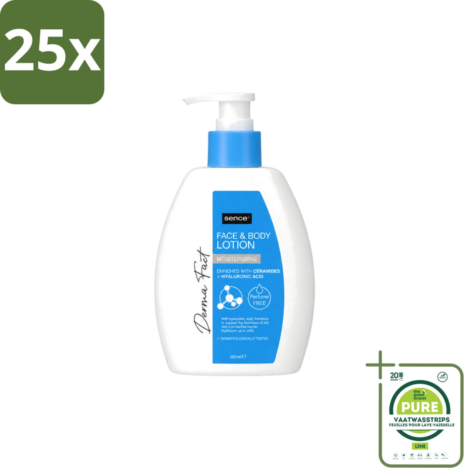 25 x Sence – Lotion – Face & Body – 250 ml - Grootverpakking - Vaatwasstrips - Hydraatatie - Huidbarrière - Ceramiden - Hyaluronzuur - Gezicht En Lichaam