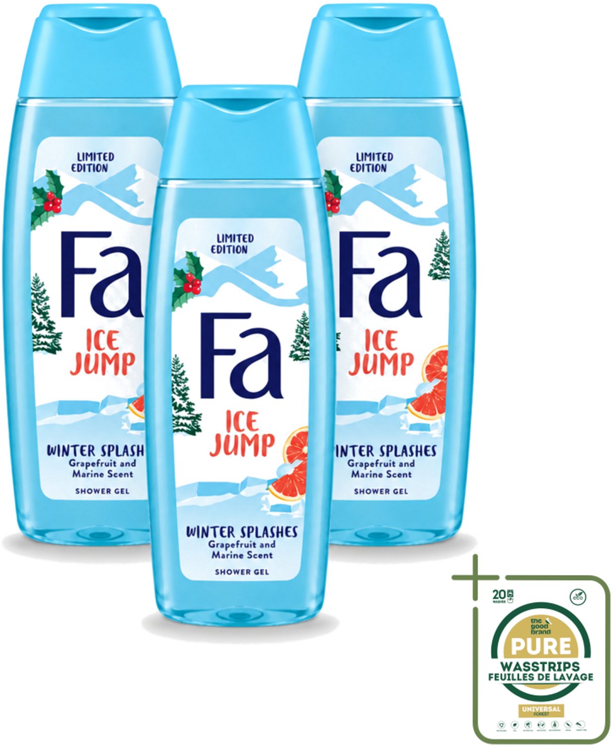 3 x Fa - Douchegel - Winter Splashes Ice Jump - Frisse Geur & Verfrissing - Verzorgend - 250 ml - Wasstrips - Douchegel - Winter - Zeebries - Grapefruit - Verfrissend