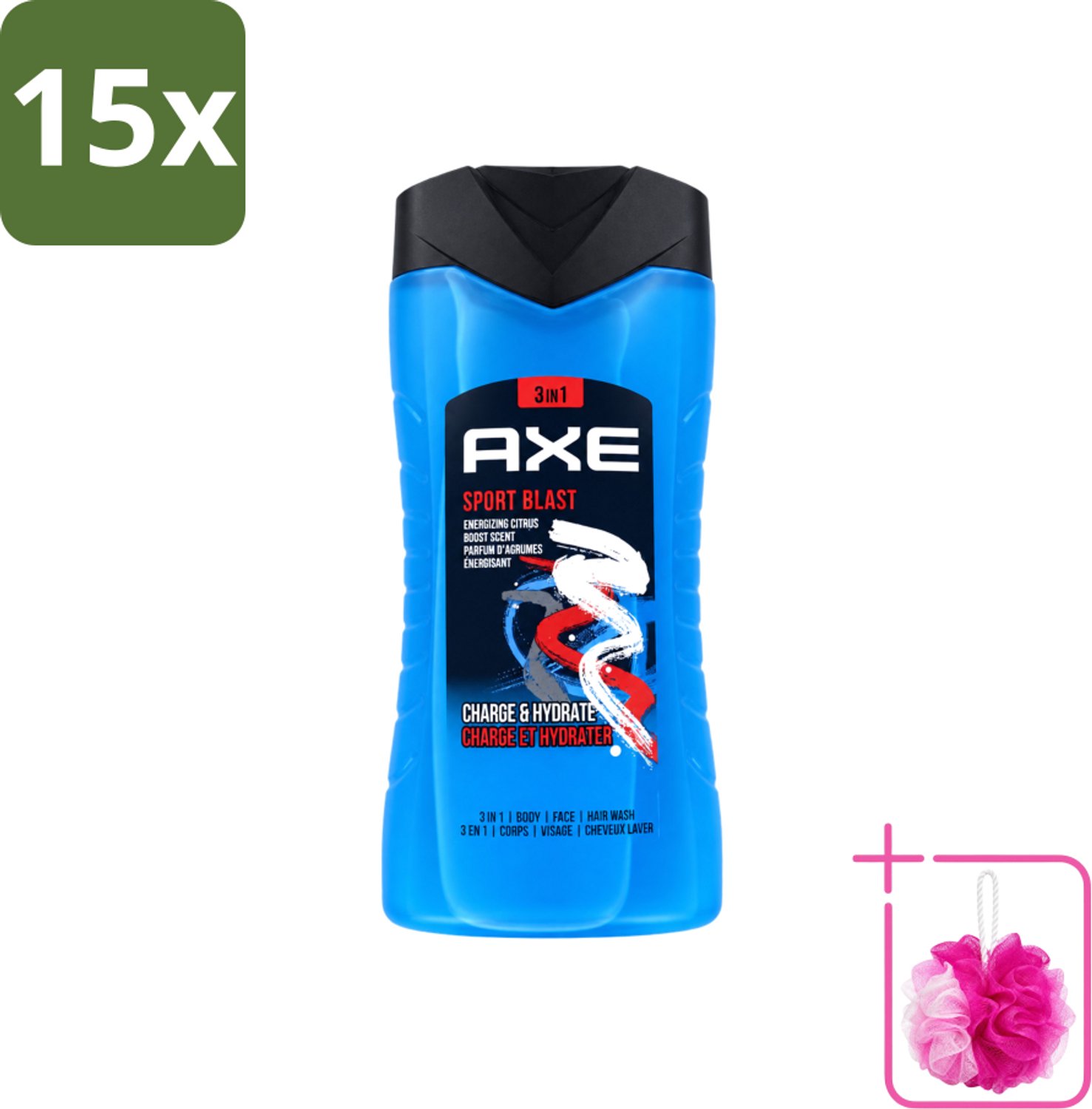 15 x Axe - 3-in-1 Douchegel - Sport Blast - Energizing Citrus - Hydraterend - 250 ml - Bulkverpakking - Douchegel sport - Douchemop - Hydraterende douchegel
