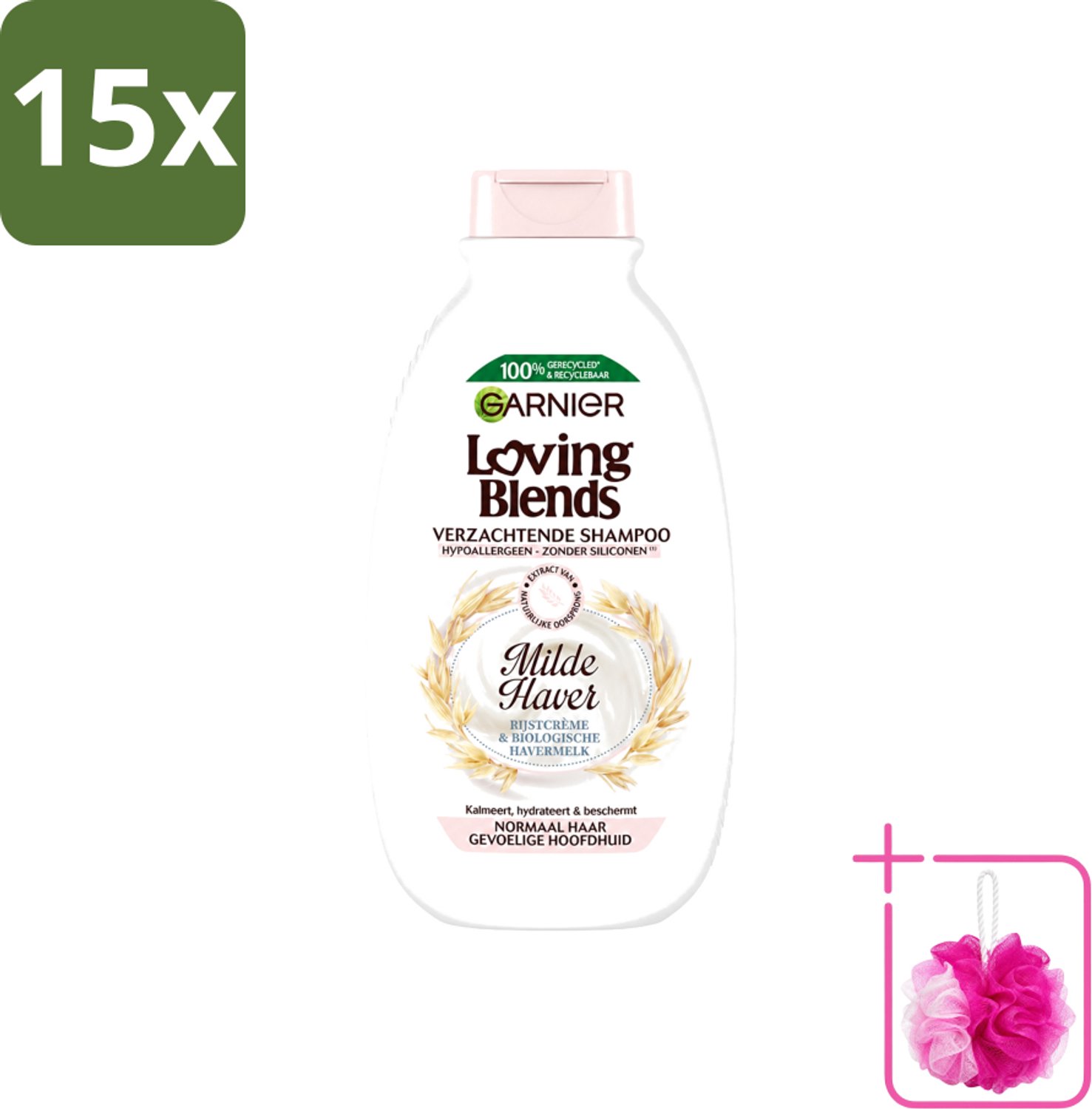 15 x Garnier - Loving Blends - Shampoo - Milde Haver - Normaal Haar & Gevoelige Hoofdhuid - 300 ml - Bulkverpakking - Milde haver shampoo - Douchemop - Hypoallergene shampoo
