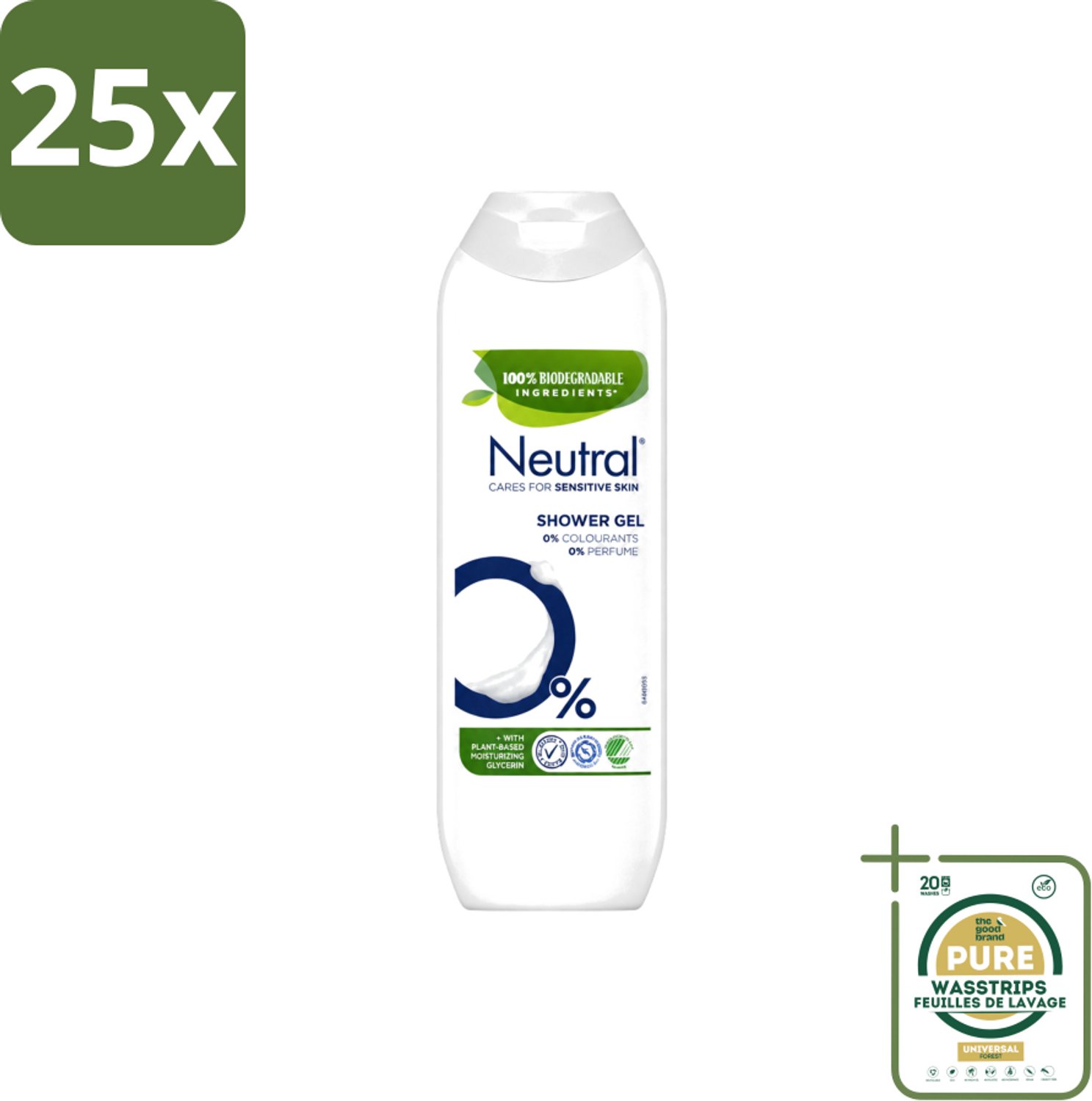 25 x Neutral – Douchegel – Parfumvrij – 250 ml - Wasstrips - Gevoelige Huid - Allergie - Douchegel - Parfumvrij - 0% Parfum
