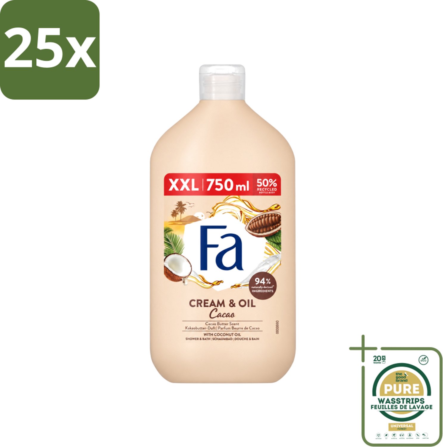 25 x Fa - Cream & Oil Cacao - Bad- & Douchegel - Cacaoboter Met Kokosolie - 750 ml - Wasstrips - Bad En Douche Gel - Cacaoboter - Kokosolie - Huid Verzorging - Hydraterende Gel