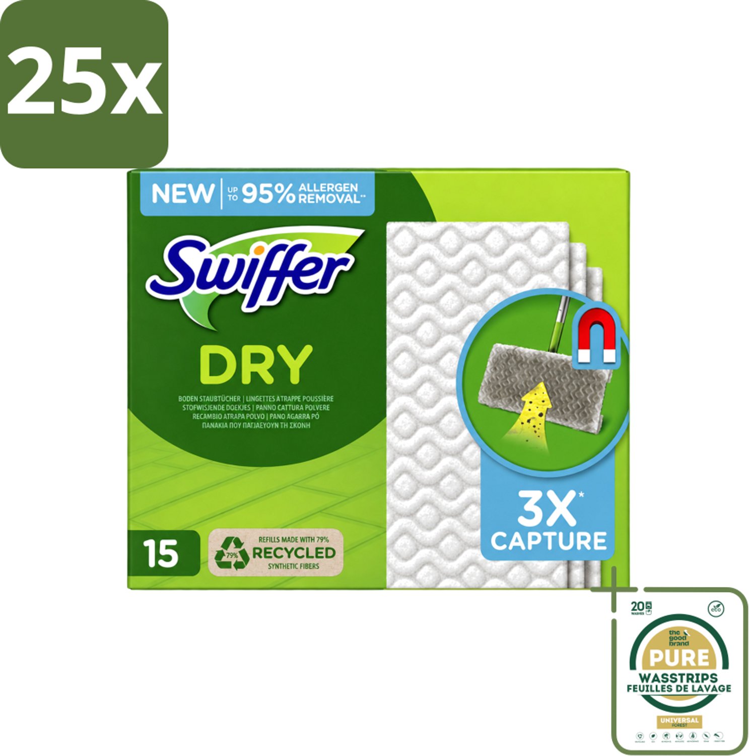 25 x Swiffer Dry - Vloerdoekjes - Navulling - Gerecyclede Fibers - 15 Doekjes - Wasstrips - Stofwisdoekjes - Stof Opnemen - Stof Verwijderen - Schoonmaken - Vloer Reinigen