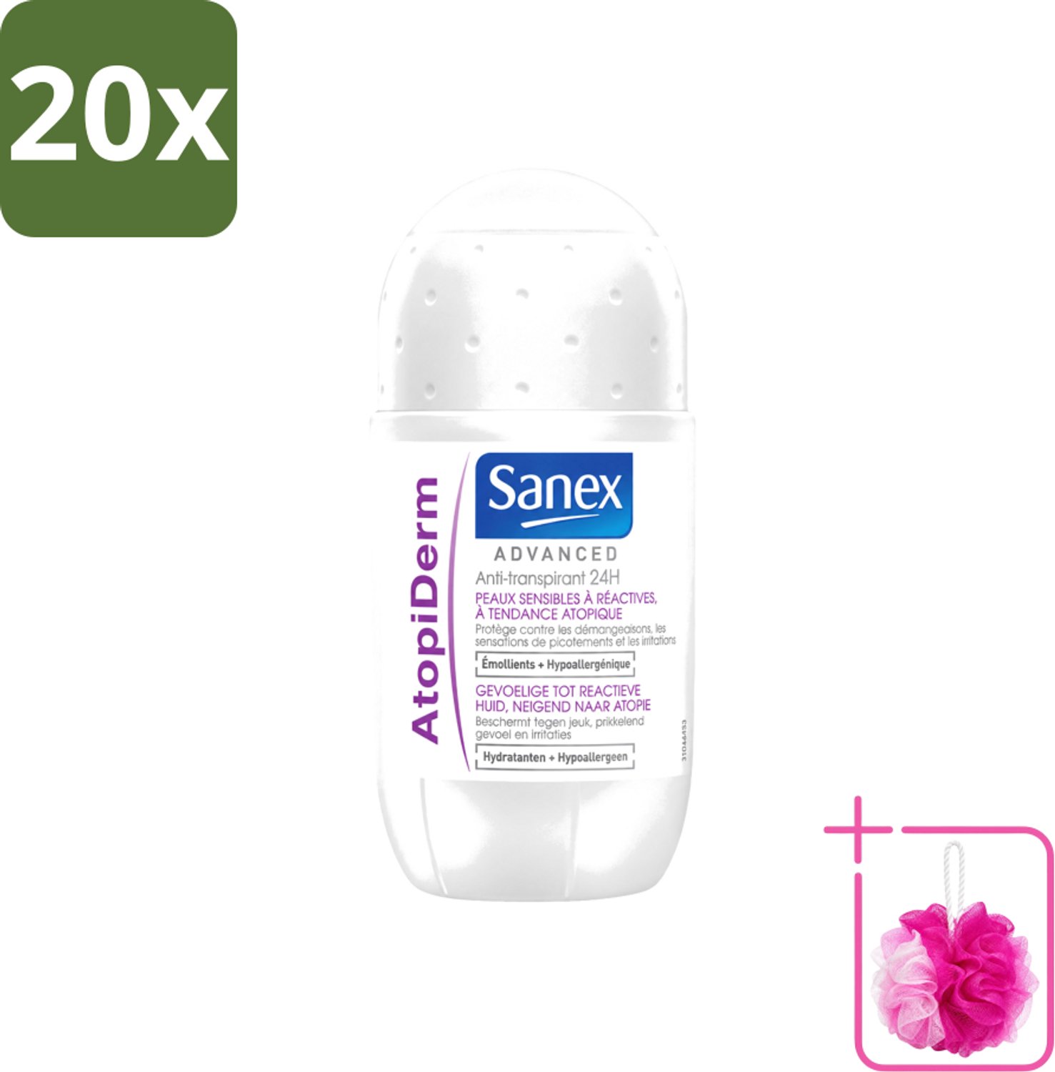 20 x Sanex Advanced - Gevoelig - Deodorant Roller - 24h Anti-Transpirant - Geavanceerd Atopiderm - 50 ml - Bulkverpakking - Gevoelige huid - Douchemop - Gevoelig deodorant