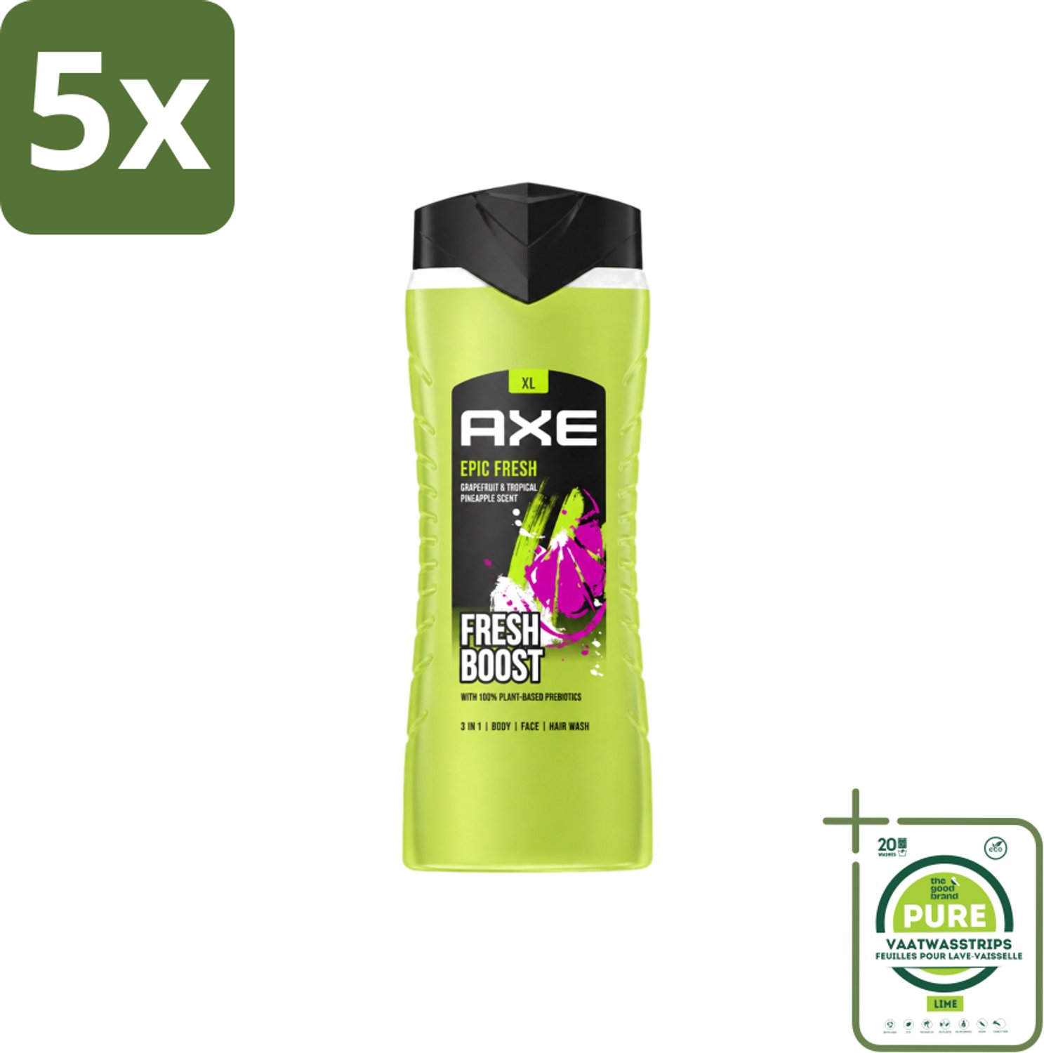 5 x AXE – Douchegel – Epic Fresh Fresh Boost 3-in-1 – 400 ml - Grootverpakking - Vaatwasstrips - Douchegel - Frisheid - Lichaam - Gezicht - Haar