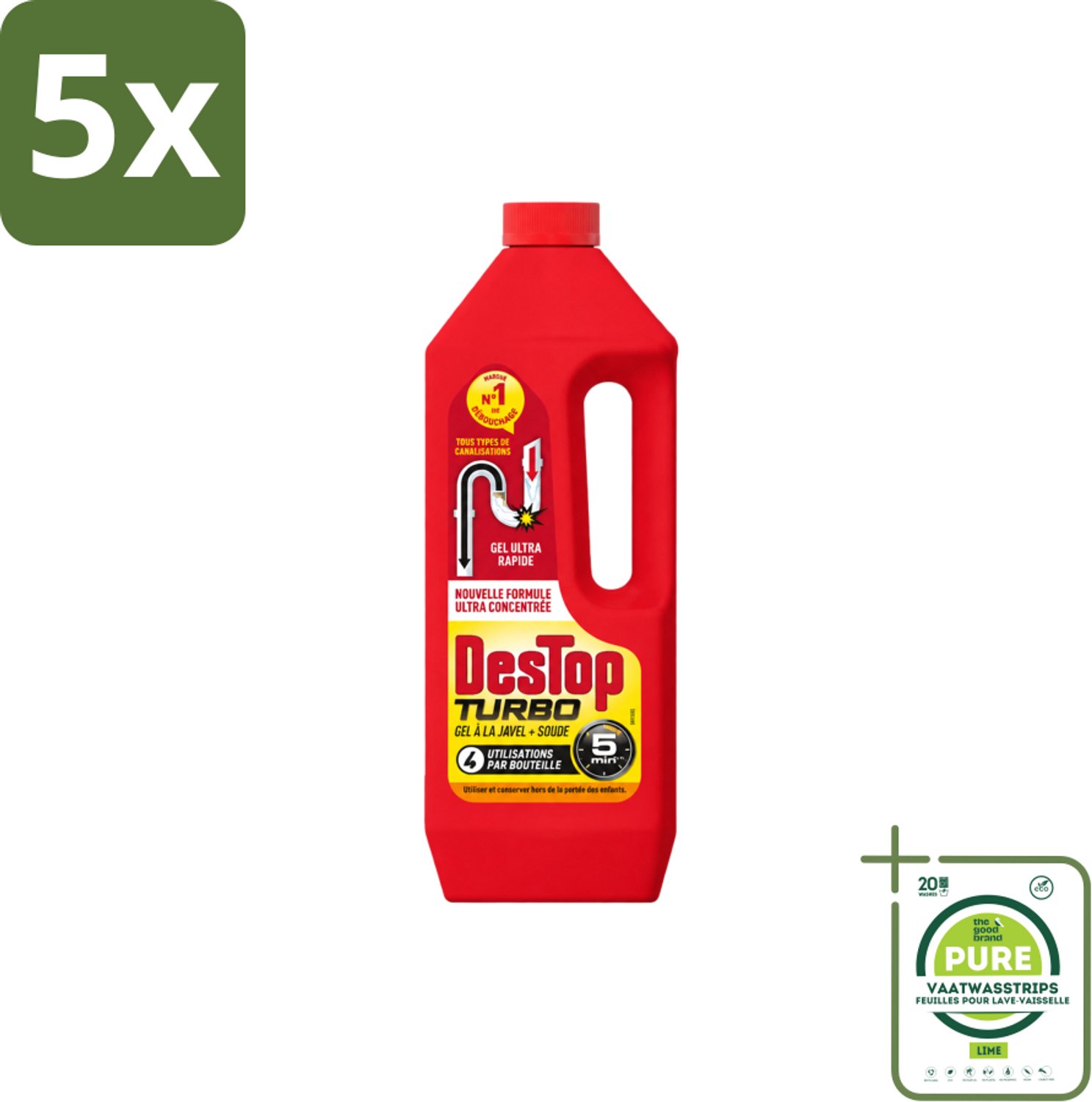 5 x Destop - Ontstopper - Turbo Gel - 1 L - Grootverpakking - Vaatwasstrips - Ontstoppen - Afvoer - Verstopping - Ontstopmiddel - Afvoerleiding