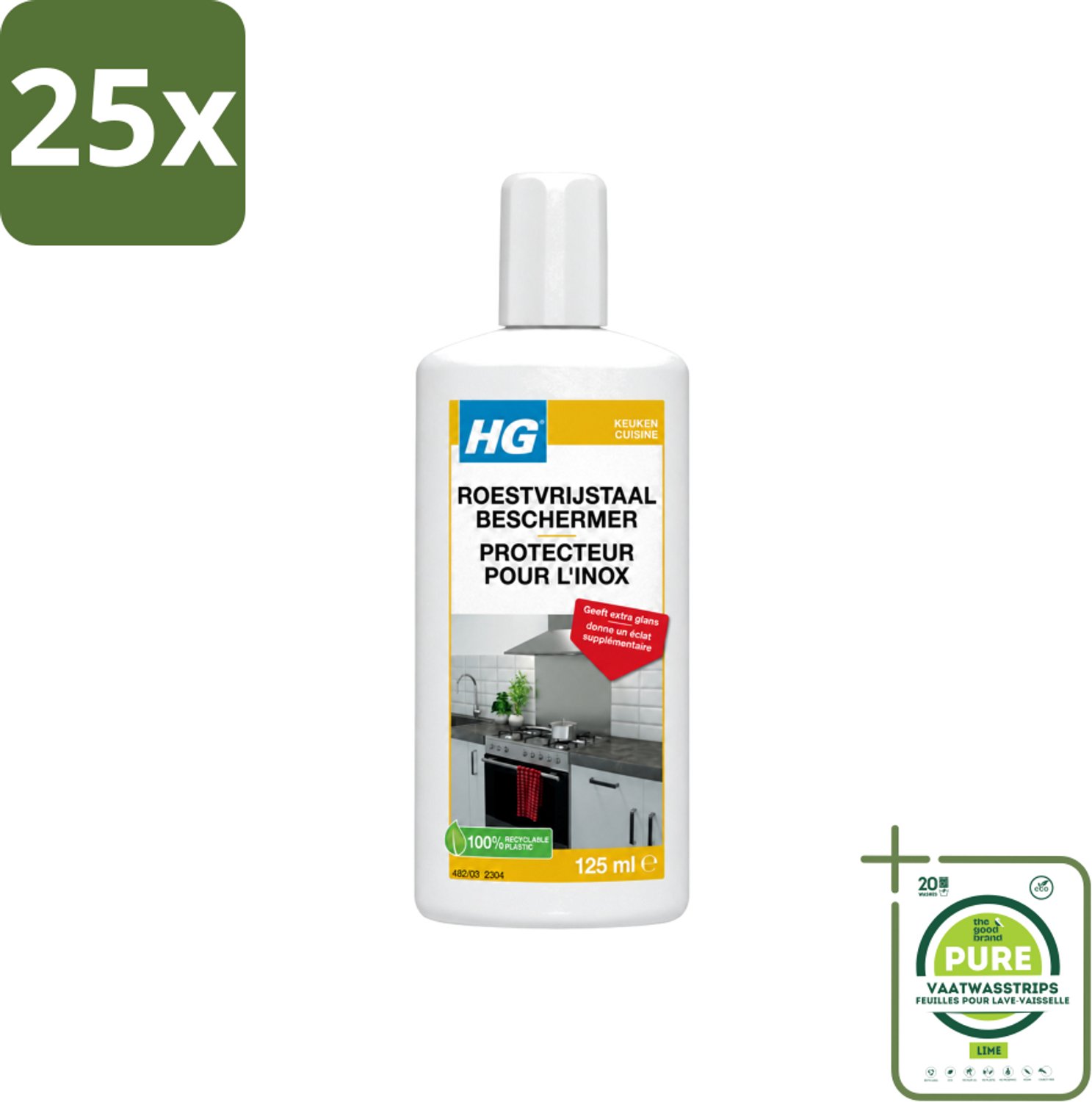 25 x HG - Roestvrijstaal Beschermer - Geeft Extra Glans - 125 ml - Grootverpakking - Vaatwasstrips - Roestvrijstaal Reiniger - Roestvrijstaal Beschermer - Keuken Reiniger - Glans Geven - Vlekken Verwijderen
