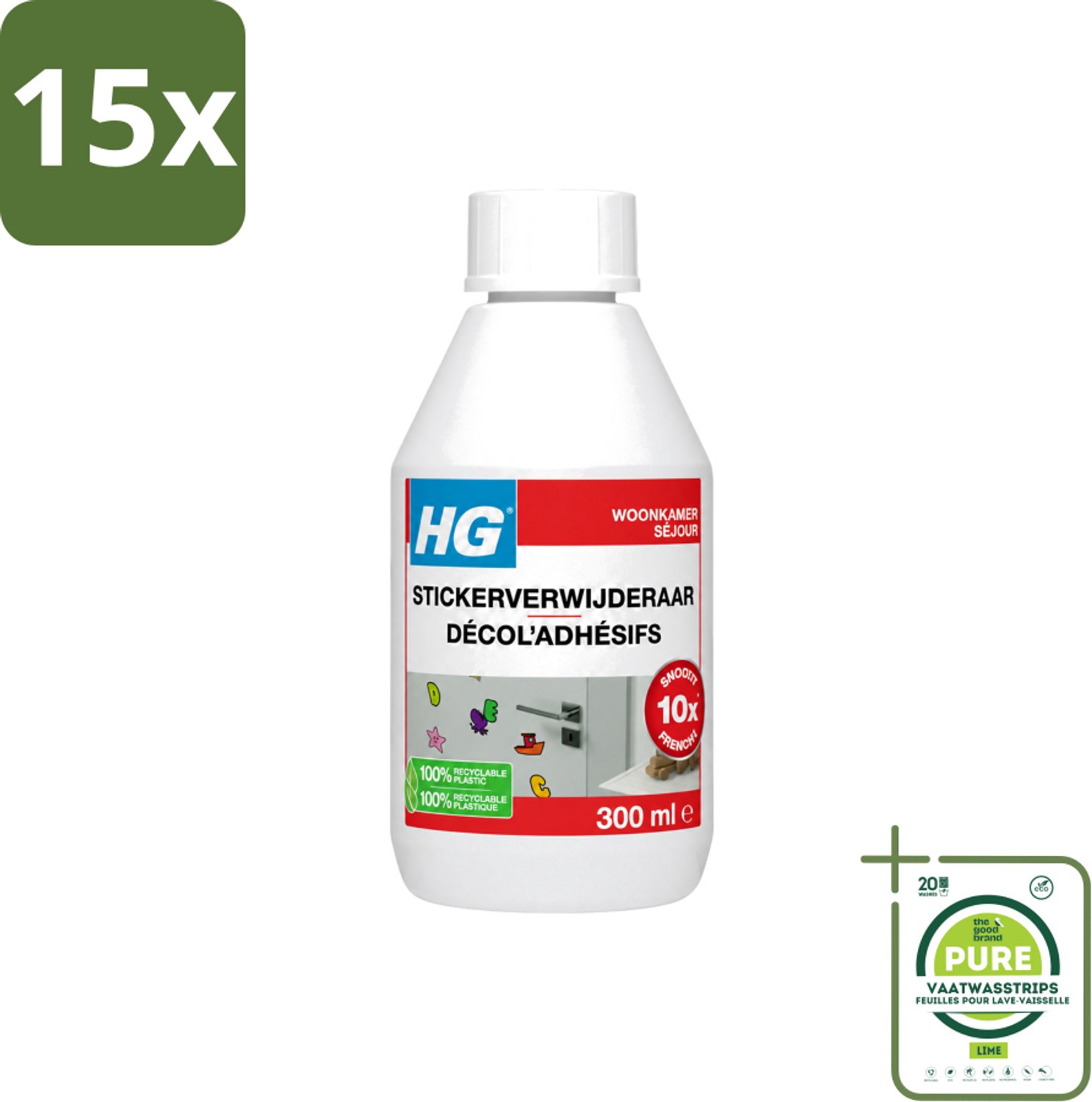 15 x HG - Stickerverwijderaar - Meest Effectief - Verwijdert Eenvoudig - 300 ml - Grootverpakking - Vaatwasstrips - Stickerverwijderaar - Stickerlijm Verwijderen - Hakstrepen Verwijderen - Teerspatten Verwijderen - Smeervlekken Verwijderen