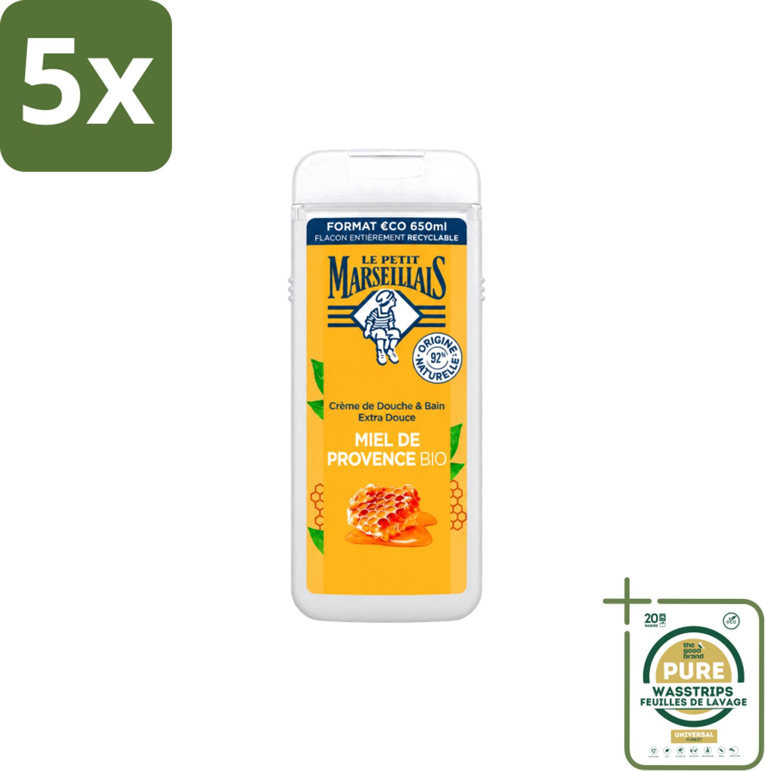 5 x Le Petit Marseillais – Douche & Bad – Honing – 650 ml - Wasstrips - Douche En Bad - Honing - Huid Verzorging - Schuim - Zachte Huid