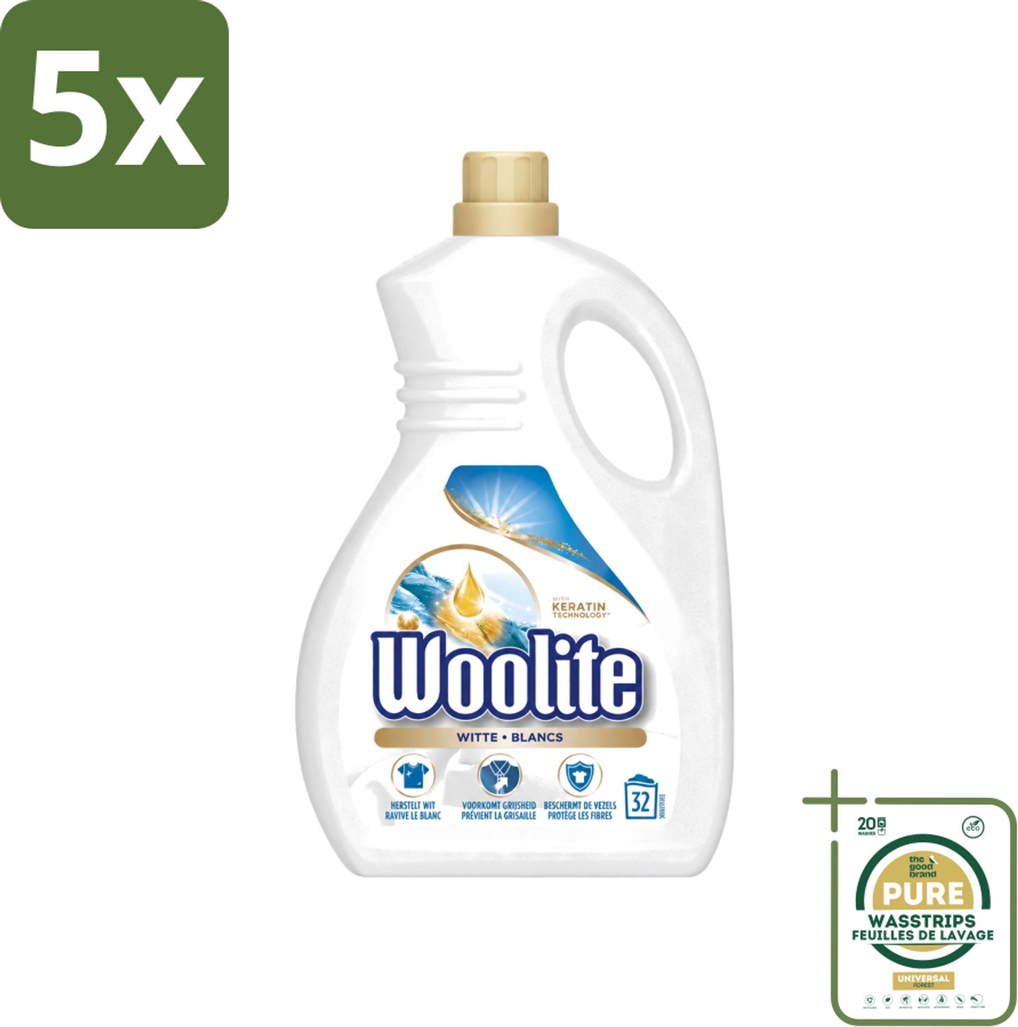 5 x Woolite White - Vloeibaar Wasmiddel - Met Keratine - Witte Was - 32 Wasbeurten - 1,9L - Wasstrips - Wasmiddel Wit - Keratine Wasmiddel - Witte Was - Witte Kleding - Wasbeurten