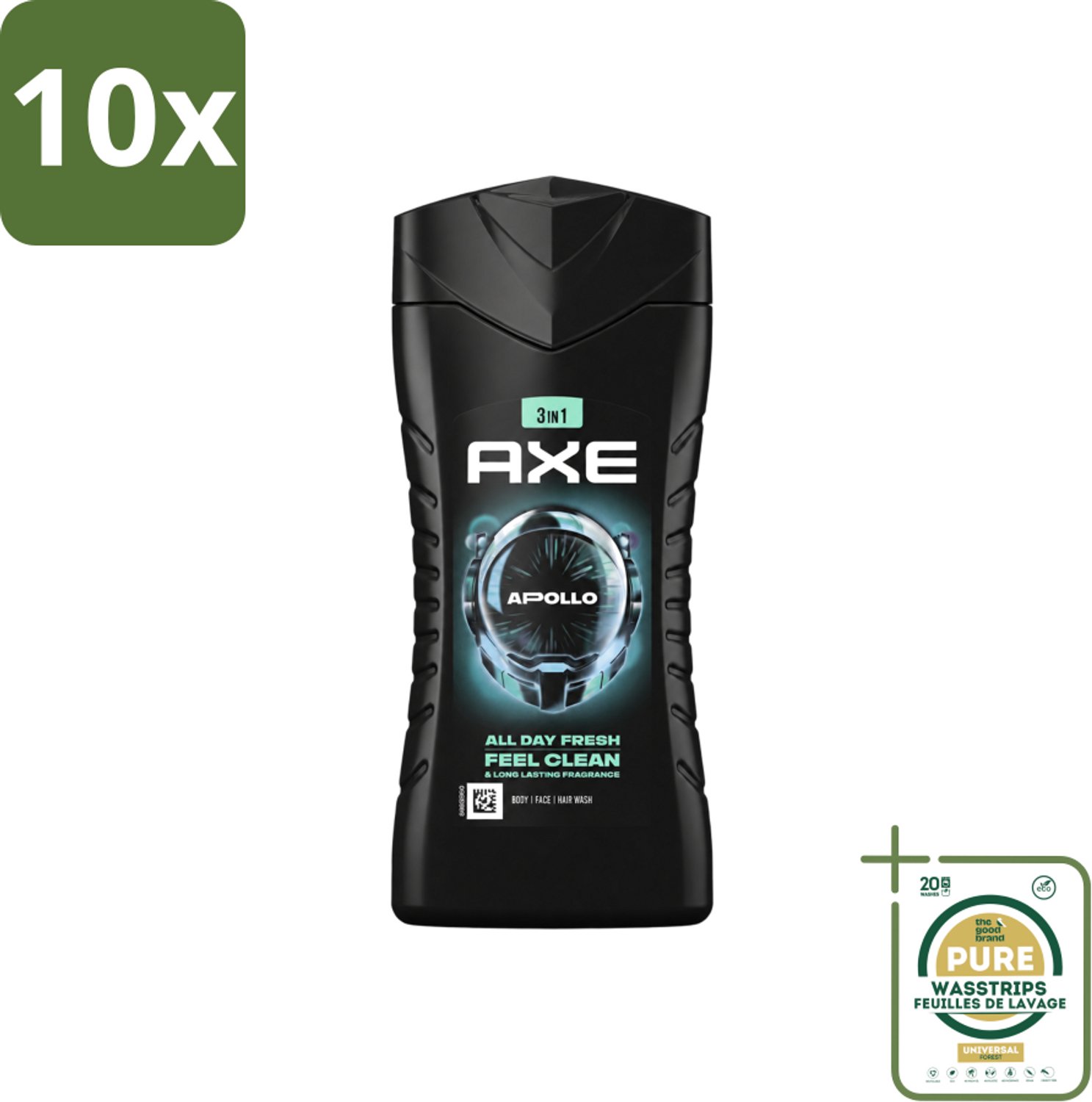 10 x Axe - 3-in-1 Douchegel - Apollo - Sage & Cedarwoord - 12hrs Long Lasting Scent - 250 ml - Wasstrips - Douchegel Lichaam Gezicht Haar - Geur Salie Cederhout - 12 Uur Fris - Bacteriënverwijdering - Plantaardige Moisturizers