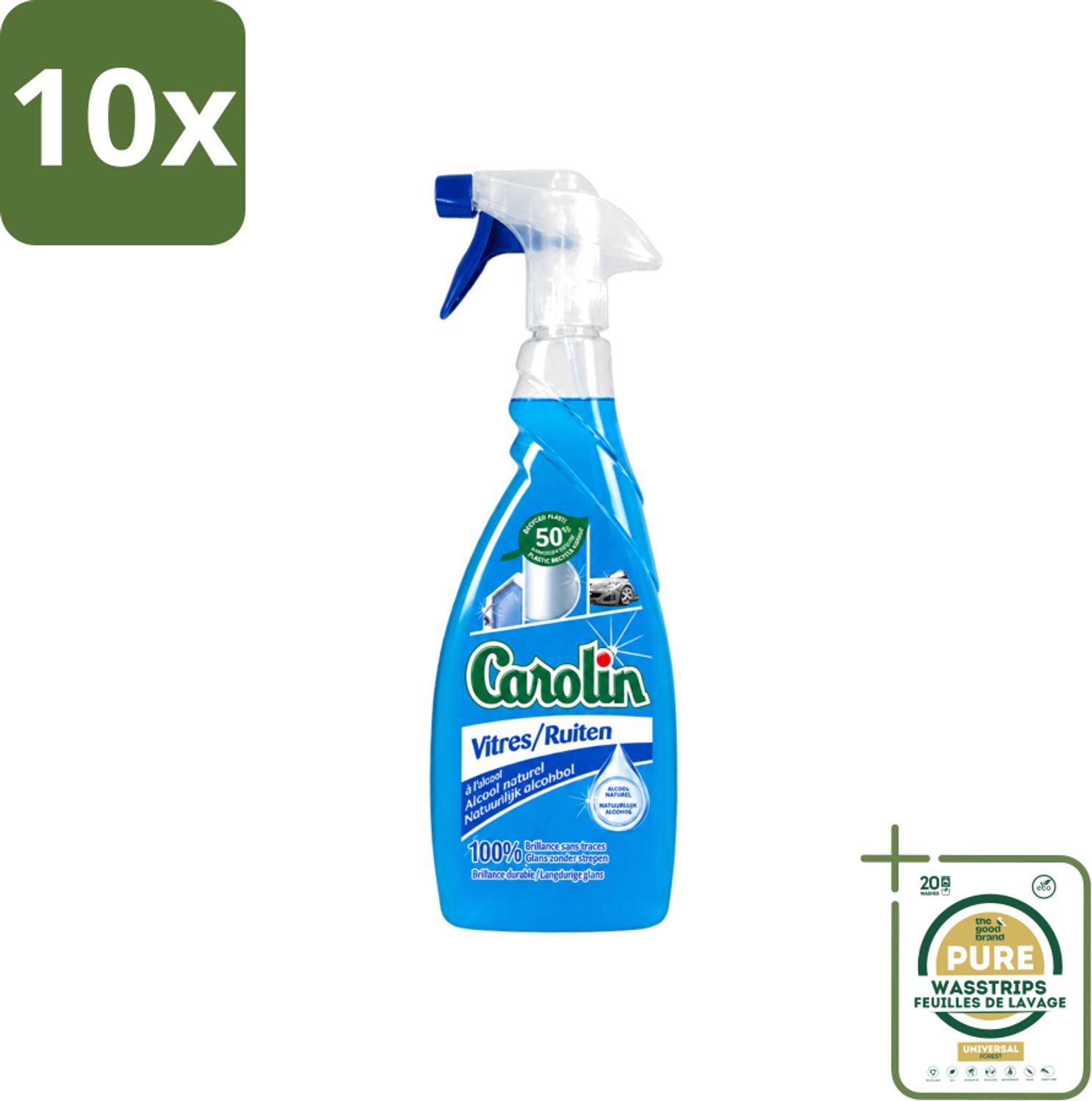 10 x Carolin - Glas- en Ruitenreiniger - Met Natuurlijke Alcohol - 650 ml - Wasstrips - Glas Reiniger - Ruiten Reiniger - Natuurlijke Alcohol - Schone Ramen - Streeploze Glans