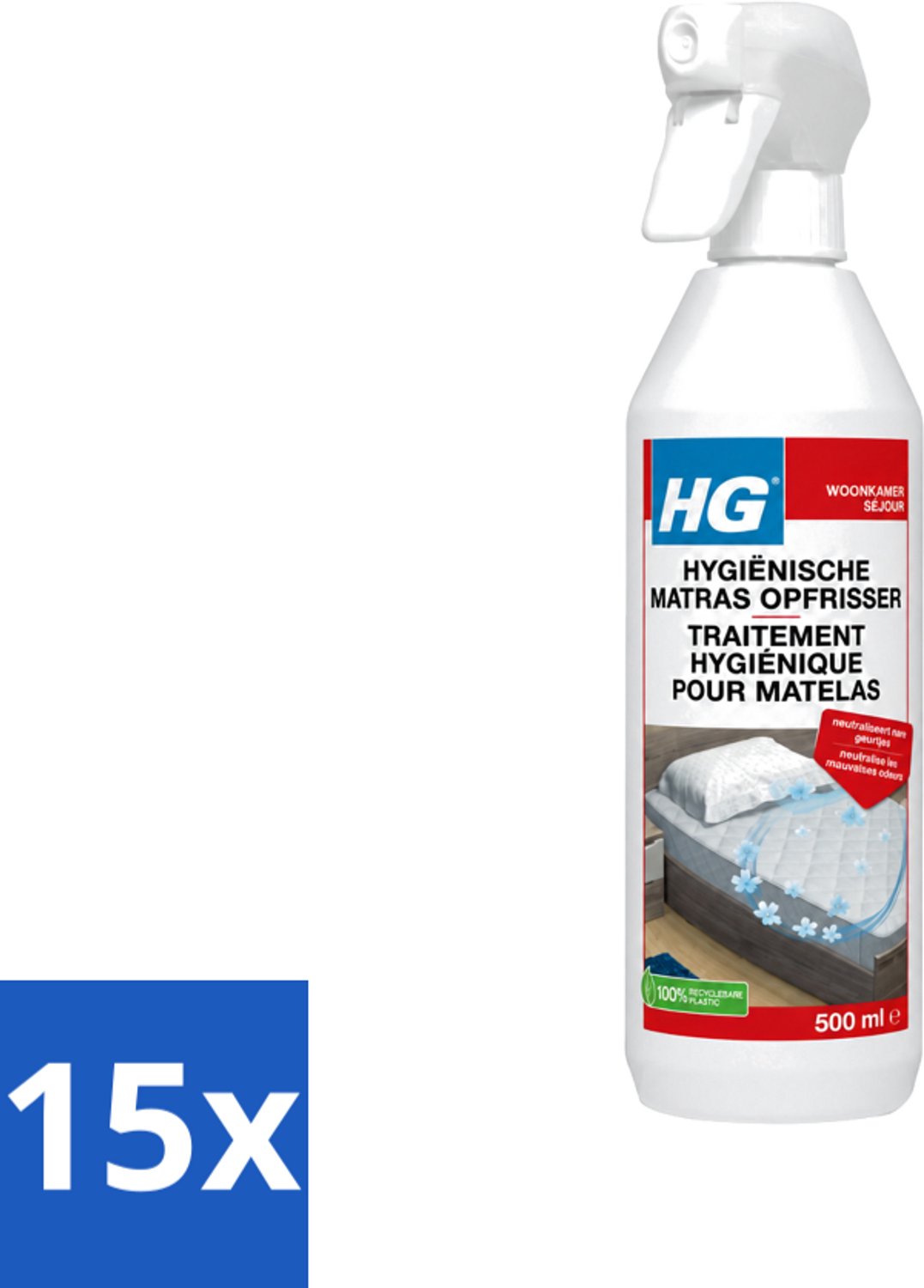 15 x HG - Hygiënische Matras Opfrisser - Werkt Na 30 Minuten - Neutraliseert Nare Geurtjes - 500 ml - Voordeelverpakking - 15 stuks