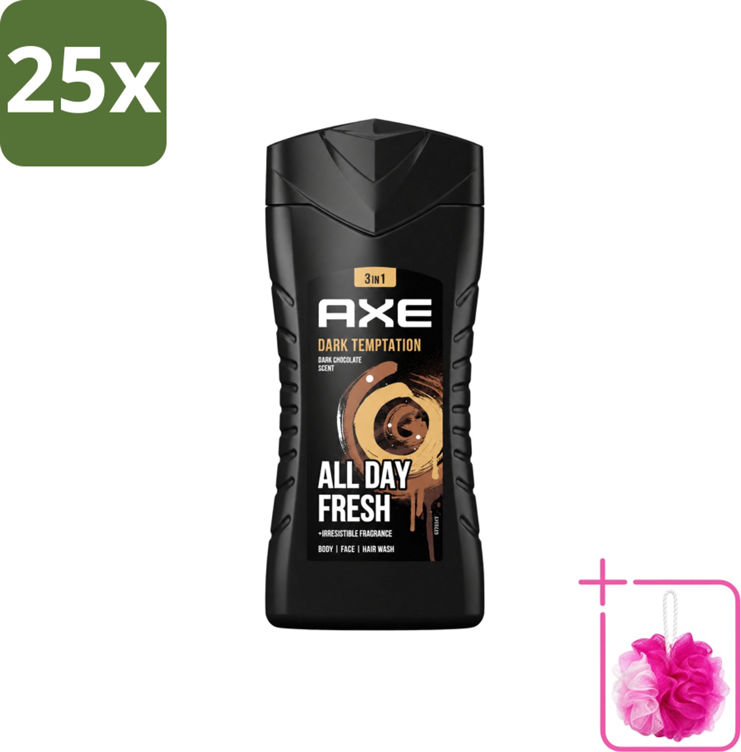 25 x Axe - 3-in-1 Douchegel - Dark Temptation - Dark Chocolate - 12hrs Long Lasting Scent - 250 ml - Bulkverpakking - Douchegel - Douchemop - Geur
