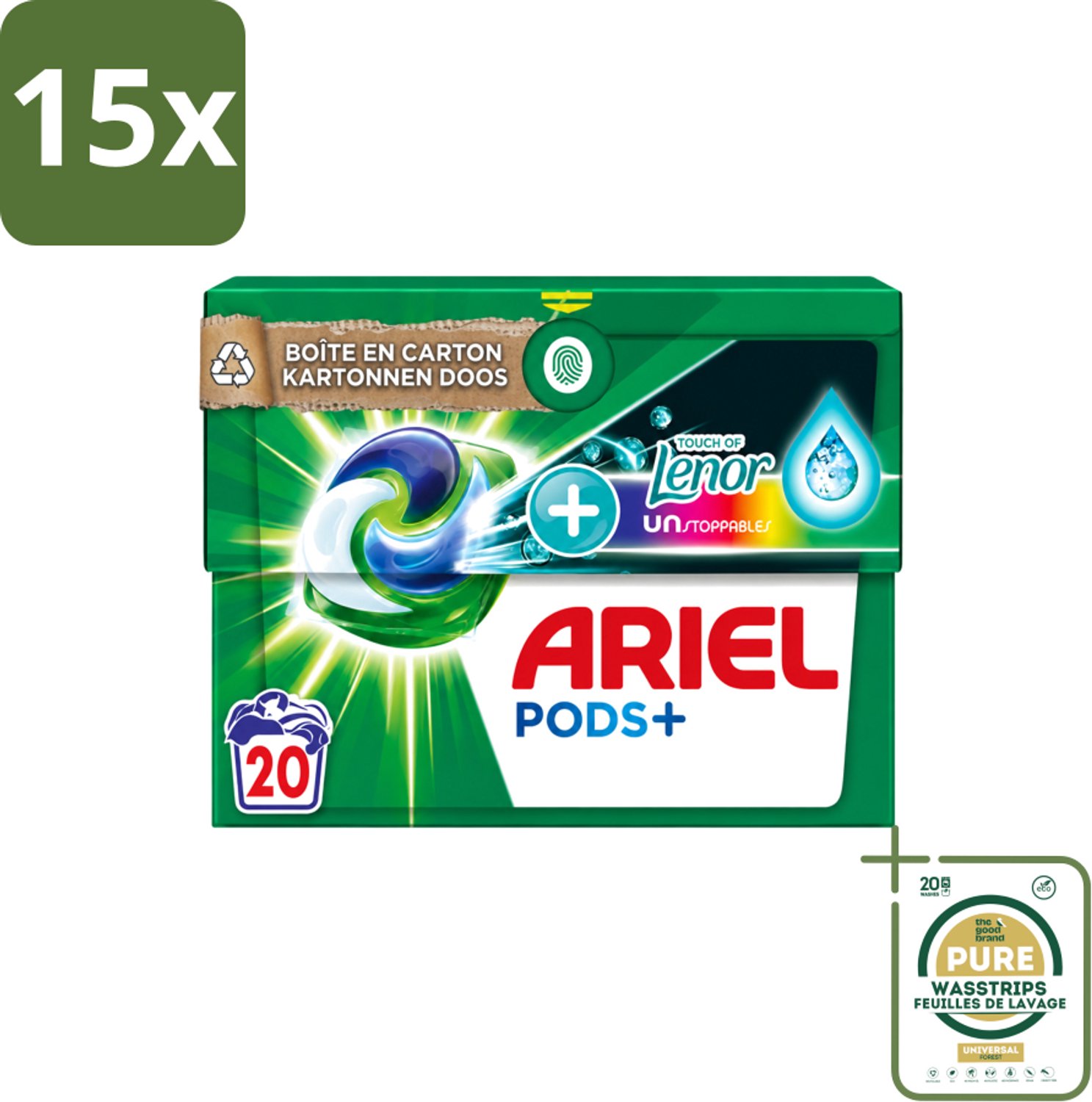 15 x Ariel Original - Touch of Lenor Unstoppables - Wasmiddelcapsules - Pods+ - Gekleurde Was - 20 Wasbeurten - Wasstrips - Wasmiddel Capsules - Gekleurde Was - Frisse Geur - Koud Water Was - Vlekverwijdering