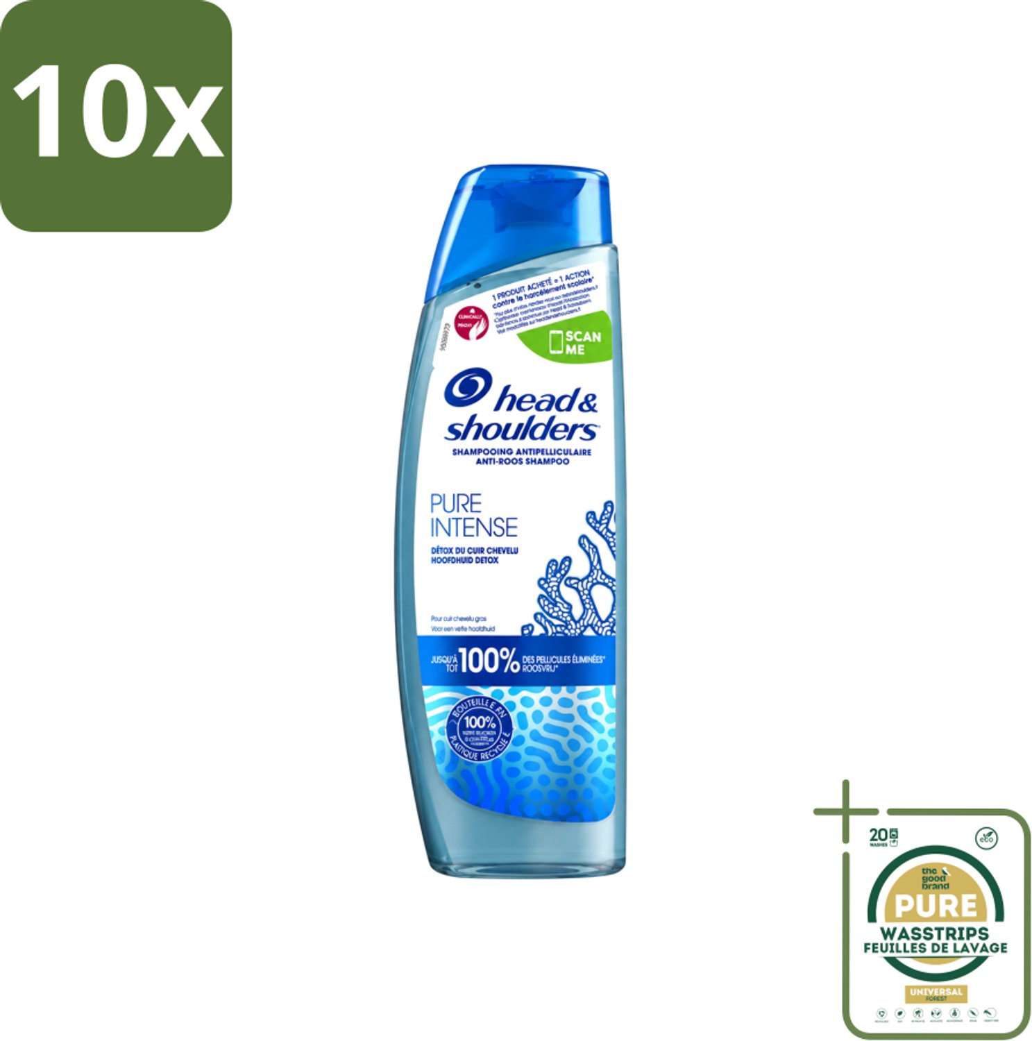 10 x Head & Shoulders - Anti-Roos Shampoo - Pure Intense - Hoofdhuid Detox - 250 ml - Wasstrips - Hoofdhuid Detox - Roosbestrijding - Hoofdhuid Reinigen - Schone Hoofdhuid - Haar Gezond