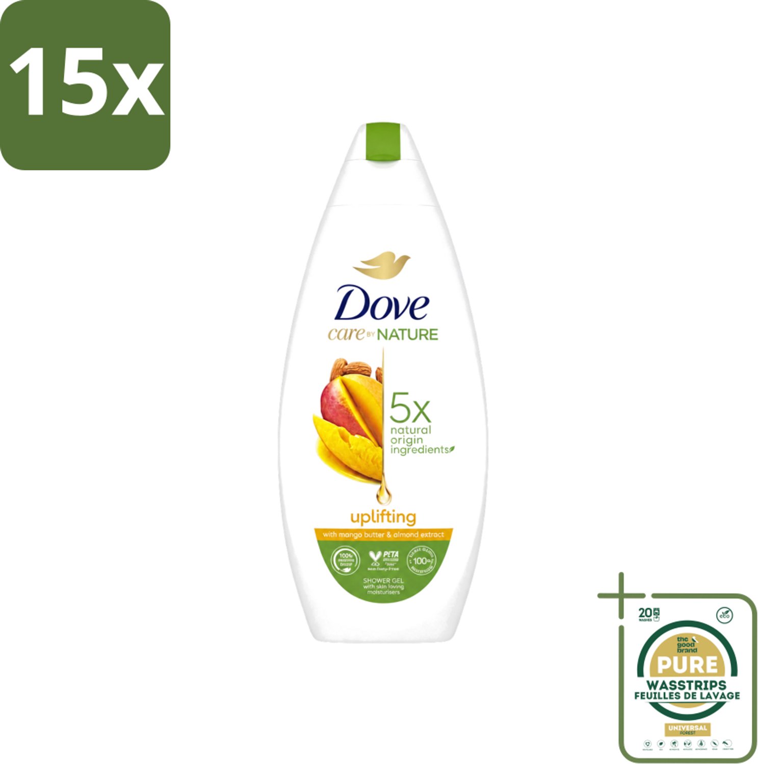 15 x Dove Care By Nature - Uplifting - Douchegel - Mangoboter & Almond Extract - 225 ml - Wasstrips - Douchegel - Huidverzorging - Opwekkende Douchegel - Hydraterende Douchegel - Mangoboter