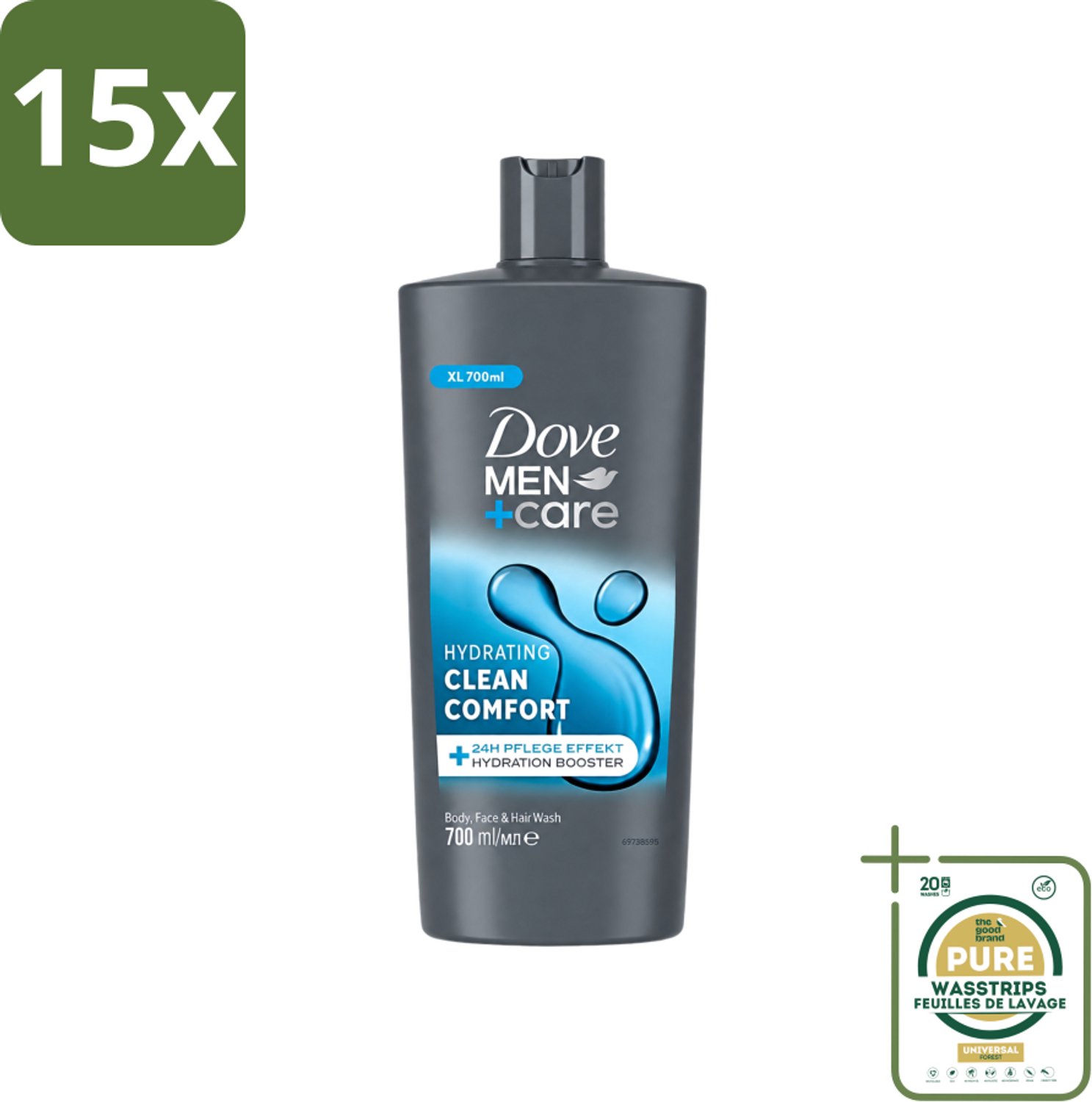 15 x Dove Men+Care - Clean Comfort - 3-in-1 Douchegel - Hydraterend- 700 ml - Wasstrips - Douchegel Voor Mannen - Lichaamsgel - Gezichtsgel - Haarverzorging - Hydraatende Douchegel