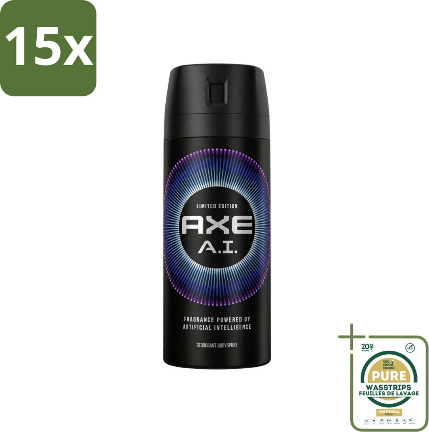 15 x Axe - Limited Edition - Deodorant Bodyspray - A.I. - 150 ml - Wasstrips - Axe A.I. Bodyspray - Deodorant Bodyspray - Geur - Geurbestrijding - Bergamot