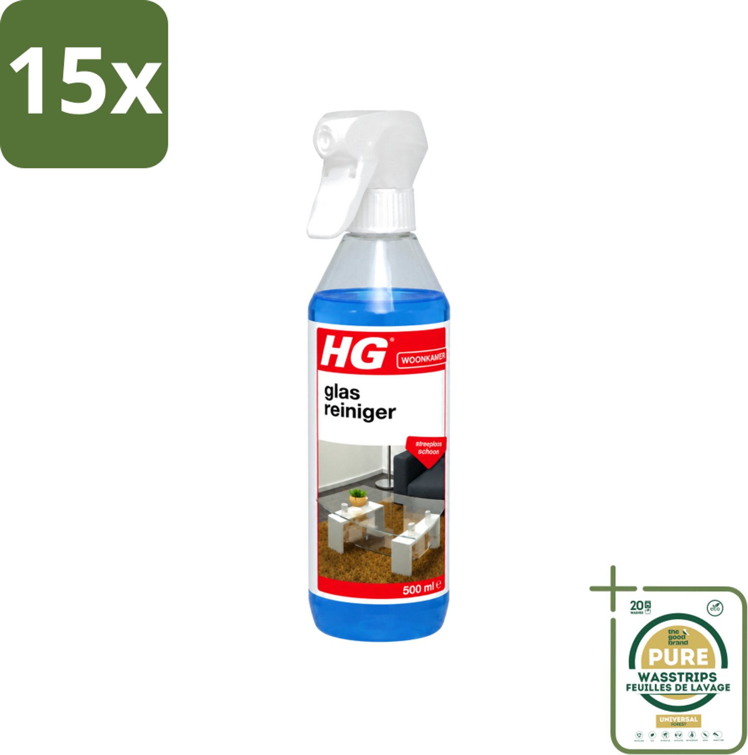 15 x HG - Glasreiniger Spray - Streeploos Schoon - Ontvet & Droogt Snel - 500 ml - Wasstrips - Glas Reinigen - Streeploos Schoonmaken - Glazen Reiniger - Spiegel Reinigen - Vet Verwijderen