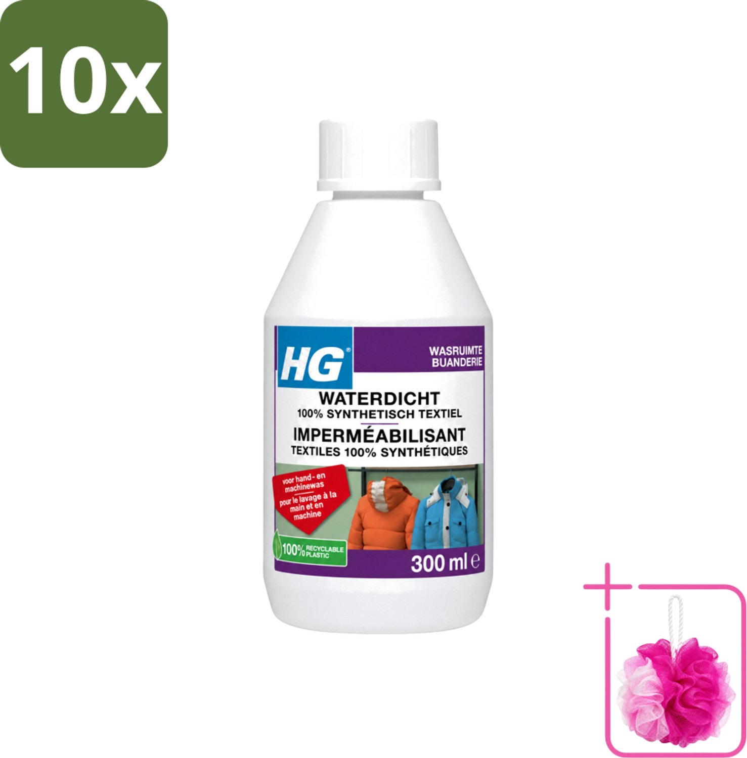 10 x HG - Wasruimte - Waterdicht 100% Synthetisch Textiel - Voor Hand & Machine Was - 300 ml - Bulkverpakking - Waterdicht textiel - Douchemop - Vuilafstotend textiel