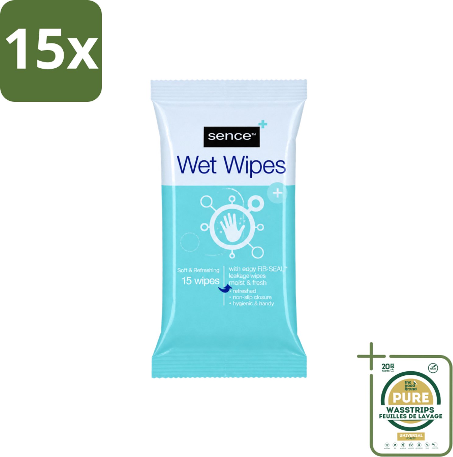 15 x Sence - Vochtige Doekjes - Hersluitbare Verpakking - 15 Doekjes - Wasstrips - Vochtige Doekjes - Handdoek - Gezichtsdoek - Reinigingsdoek - Handdoek Voor Gezicht