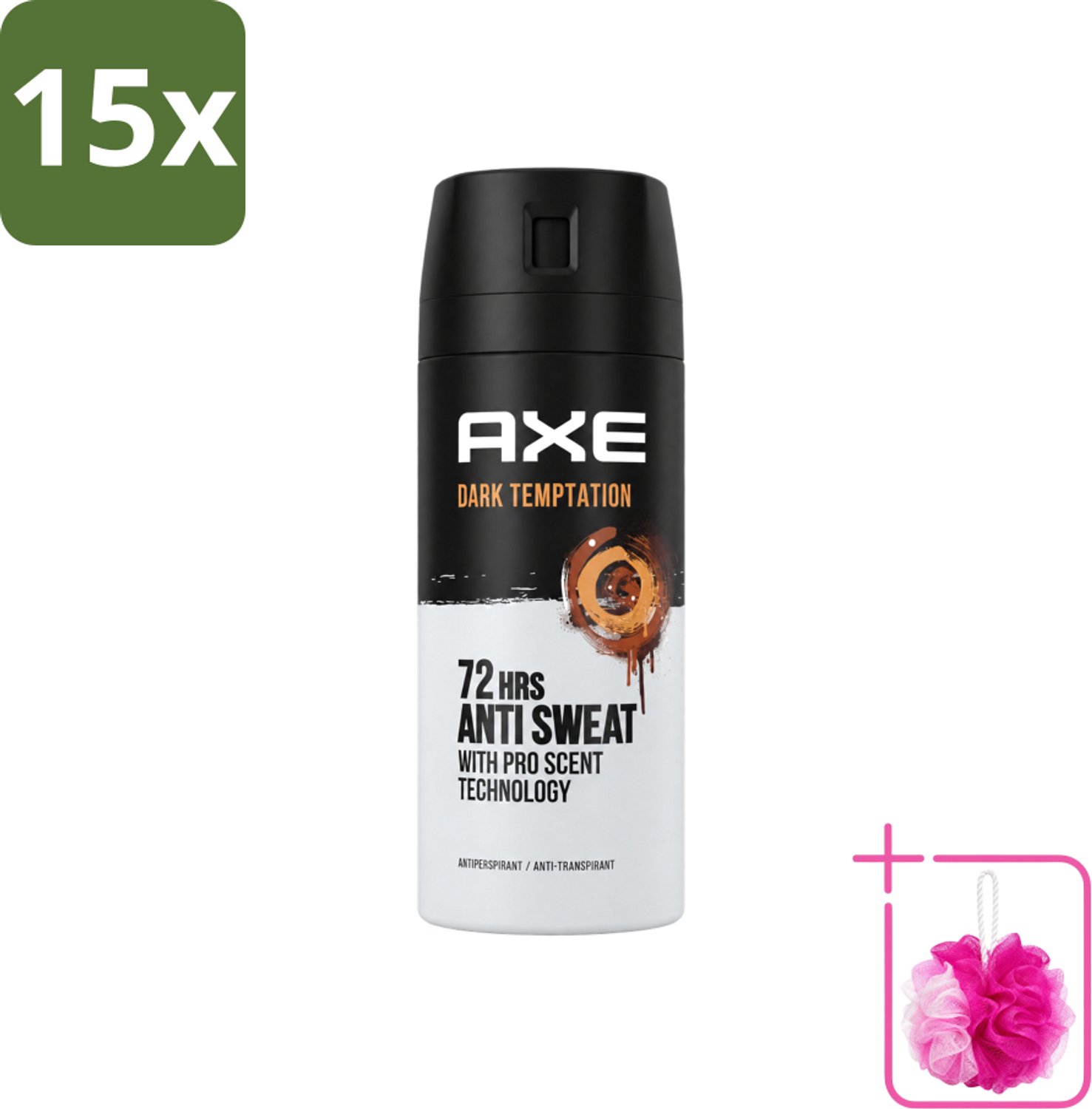 15 x Axe - Deodorant Spray - 72hrs Anti Sweat - Dark Temptation - 150 ml - Bulkverpakking - Anti-sweat spray - Douchemop - 72 uur bescherming