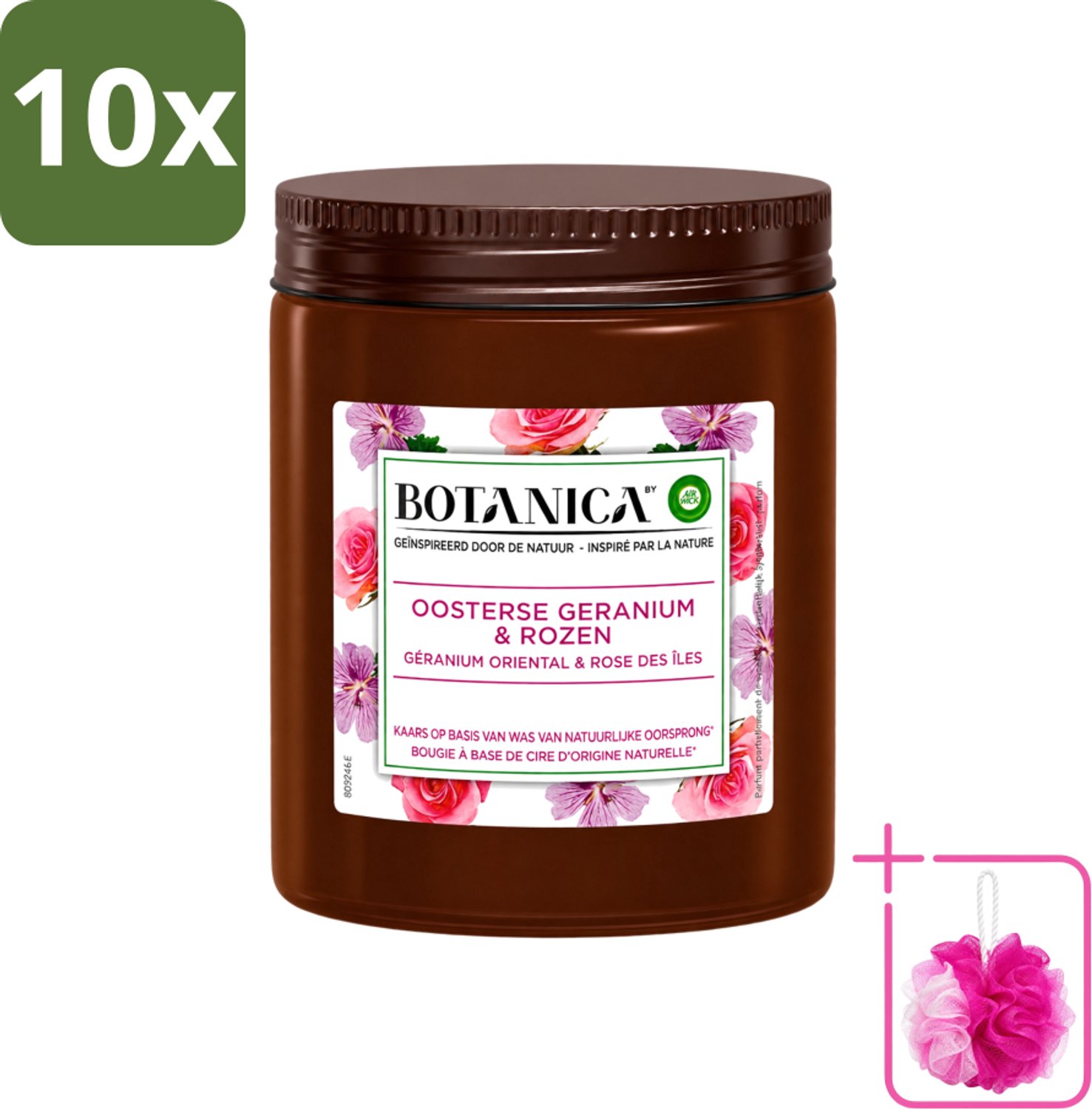 Air Wick 10 x Botanica by Air Wick - Geurkaars - Geranium & Rozen - 40 Uur Brandduur - Bulkverpakking - Geurkaars - Douchemop - Geranium en rozen Wit
