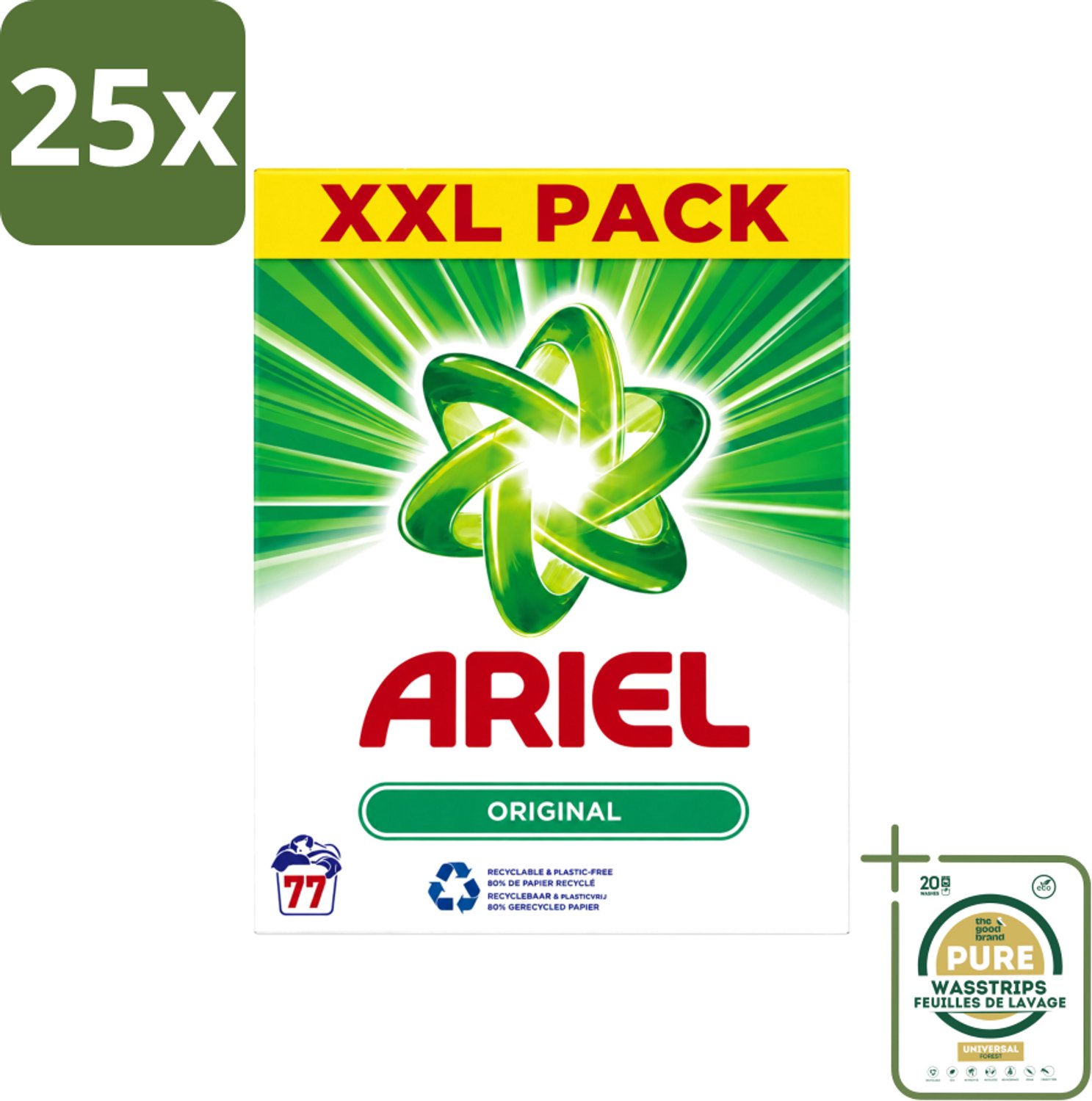 25 x Ariel Original XXL - Waspoeder - Witte en Lichtgekleurde Was - 77 Wasbeurten - Wasstrips - Waspoeder - Wasmiddel - Vlekverwijdering - Witte Kleding - Lichtgekleurde Kleding