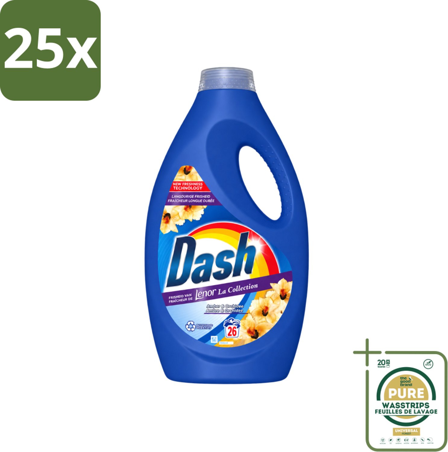 25 x Dash - Lenor Collectie - Vloeibaar Wasmiddel - Witte en Gekleurde Was - Amber & Orchidee - 26 Wasbeurten - Wasstrips - Vloeibaar Wasmiddel - Frisheid - Wasmiddel Amber Orchidee - Wasmiddel Lenor - Wasmiddel Voor Witte En Gekleurde Kleding