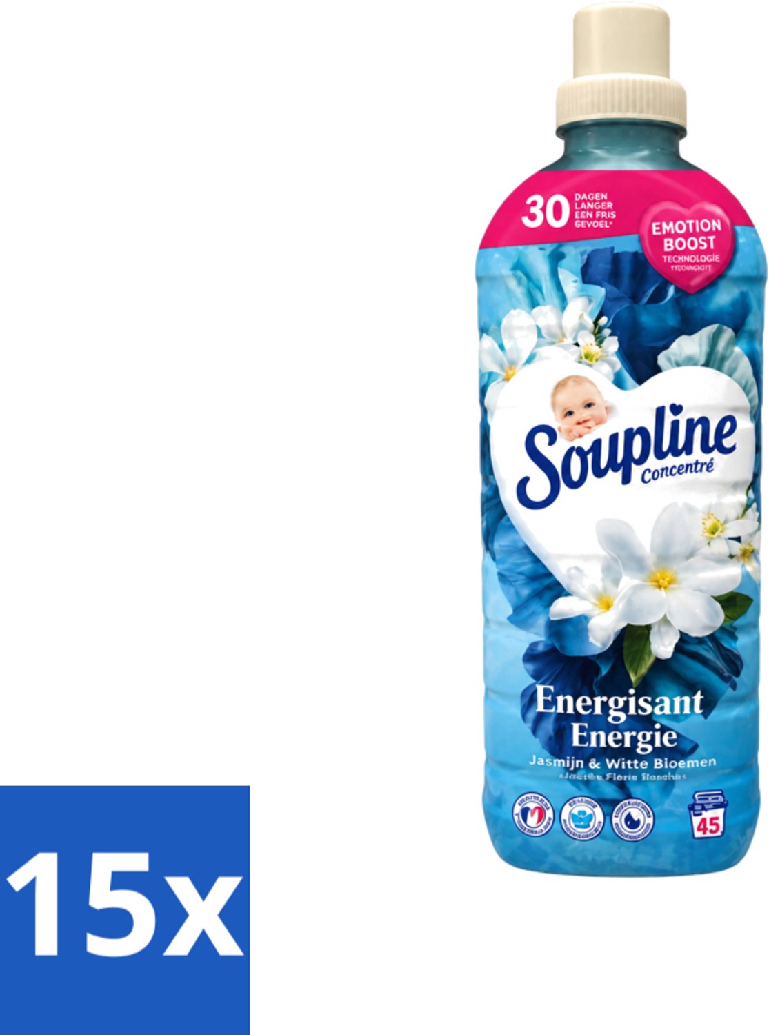 15 x Soupline – Wasverzachter – Energie Jasmijn & Witte Bloemen – 950 ml - Voordeelverpakking - 15 stuks