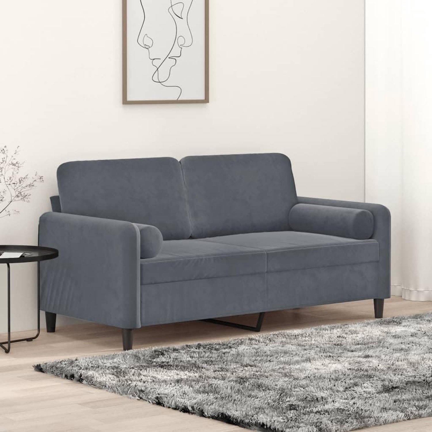 2-zitsbank met sierkussen, 140 cm, donkergrijs fluweel, zacht velours zitmeubel met metalen frame, afneembare hoezen en hoge bekleding voor woonkamer