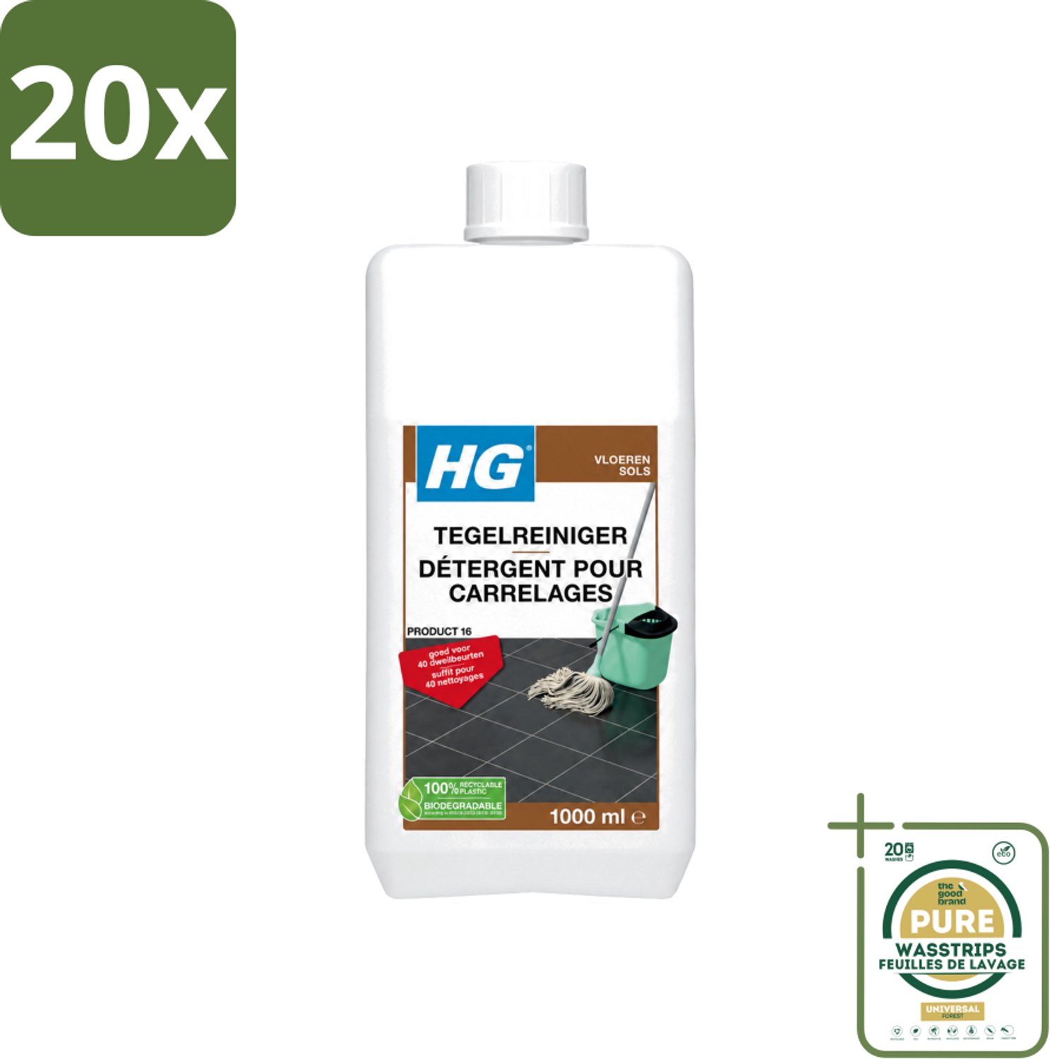 20 x HG - Vloeren - Tegelreiniger - 40 Dweilbeurten - 1L - Wasstrips - Tegelreiniger - Vloerreiniger - Dweilreiniger - Tegelvloer - Natuursteen