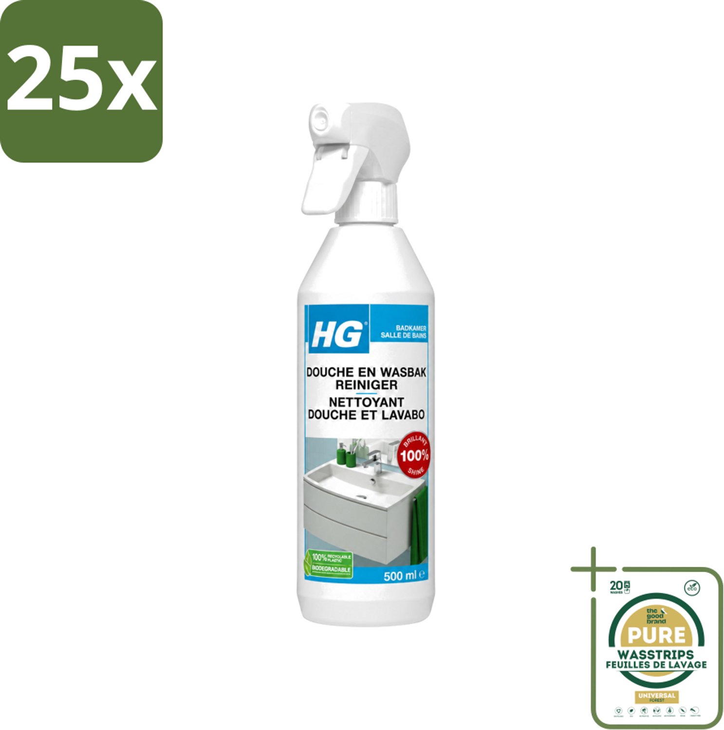 25 x HG - Badkamer - Douche-& Wasbakreiniger - Spray - Extra Glans - 500 ml - Wasstrips - Badkamer Reinigen - Douche Reinigen - Wasbak Reinigen - Kalk Verwijderen - Zeepresten Verwijderen