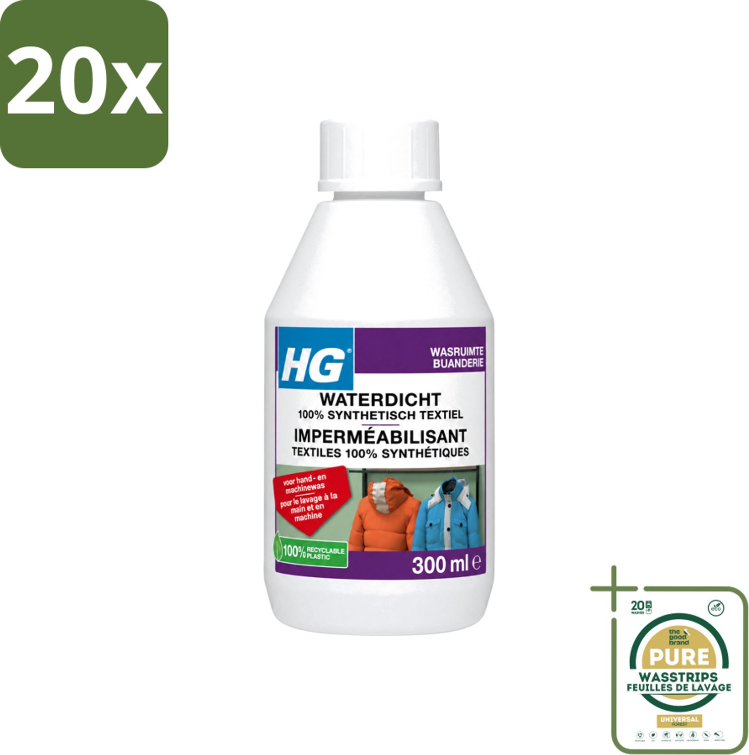 20 x HG - Wasruimte - Waterdicht 100% Synthetisch Textiel - Voor Hand & Machine Was - 300 ml - Wasstrips - Waterdicht Textiel - Vuilafstotend Textiel - Synthetisch Textiel Behandelen - Regenkleding Waterdicht Maken - Ski Kleding Waterdicht