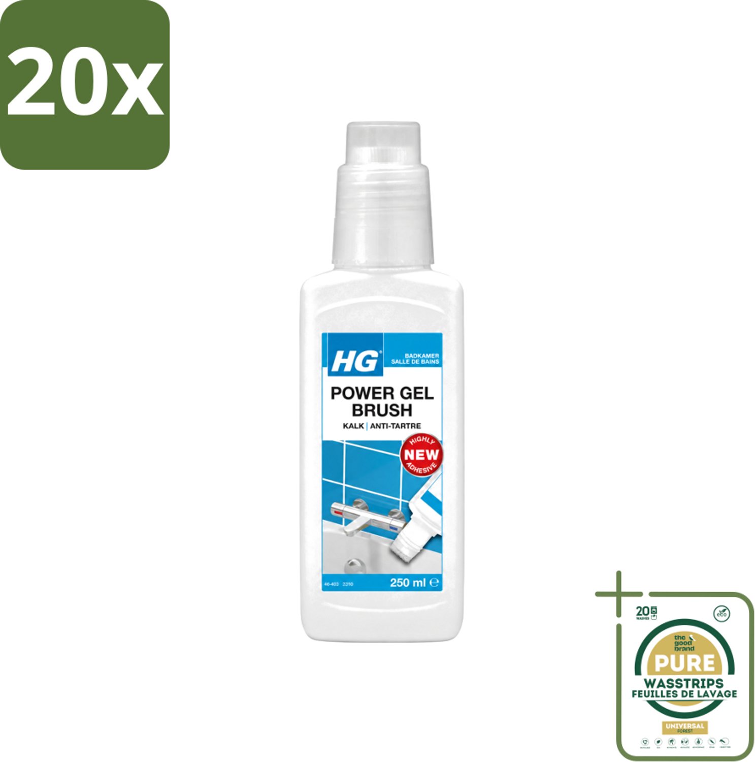 20 x HG - Badkamer - Power Gel Brush - Kalk - Agressief - 250 ml - Wasstrips - Kalk Verwijderen - Badkamer Schoonmaken - Kalk Oplossen - Douchewand Reinigen - Kraan Reinigen