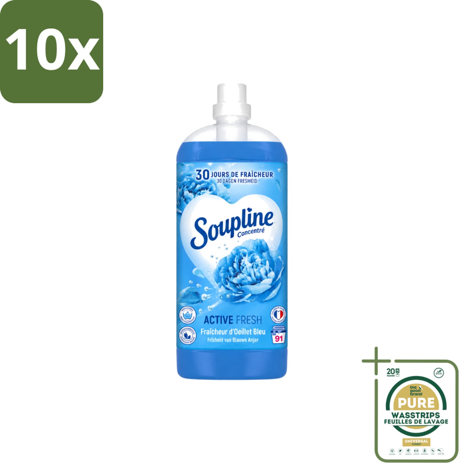 10 x Soupline – Wasverzachter – Active Fresh Frisheid van Blauwe Anjer – 2 L - Wasstrips - Wasverzachter - Frisheid - Blauwe Anjer - Wasgoed - Kleding