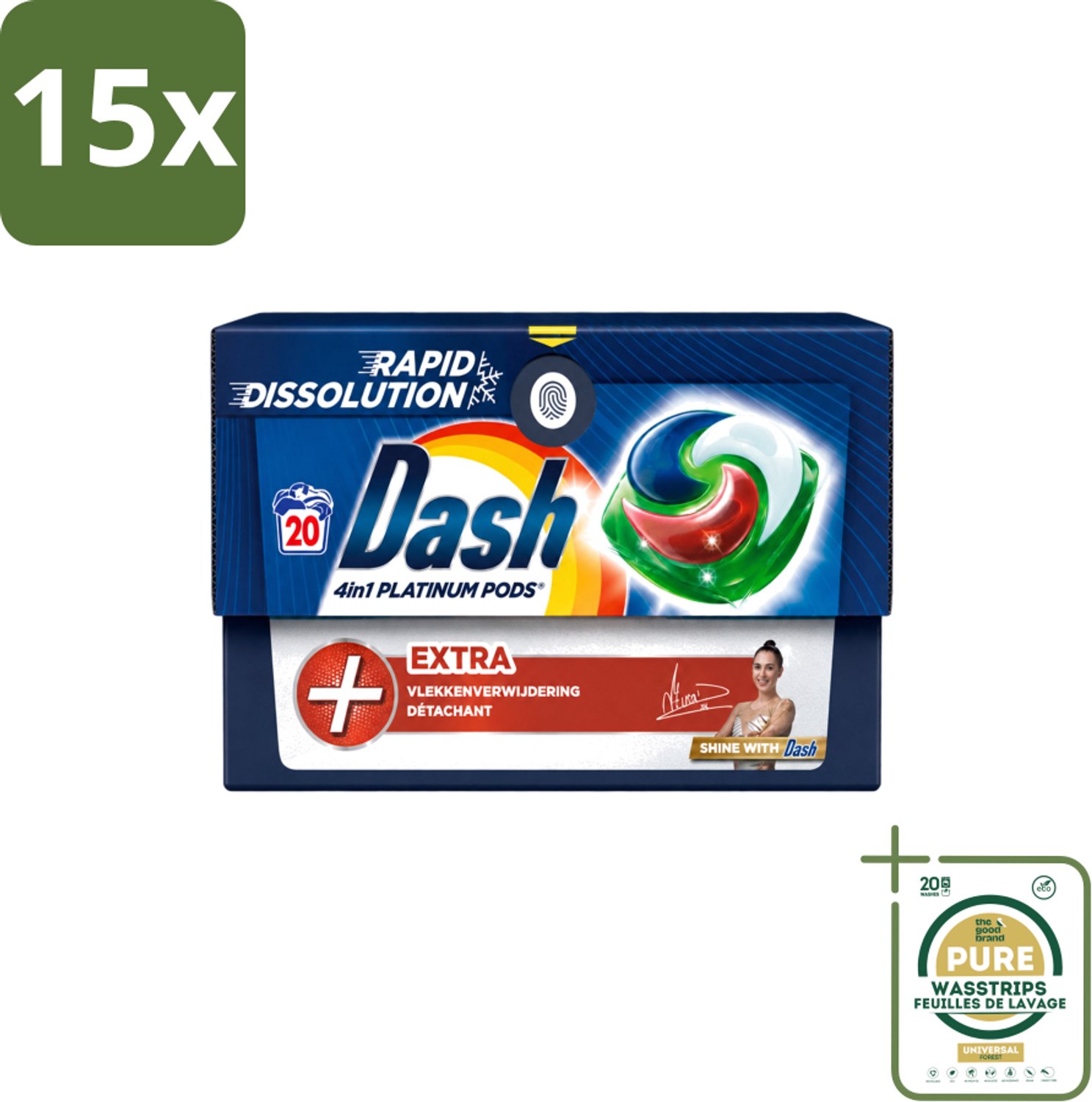 15 x Dash – Wasmiddel Pods 4-in-1 Platinum – Extra Vlekkenverwijdering – 20 Capsules - Wasstrips - Wasmiddelcapsules - Krachtige Wasmiddel - Vlekverwijdering - Kleurbehoud - Frisheid