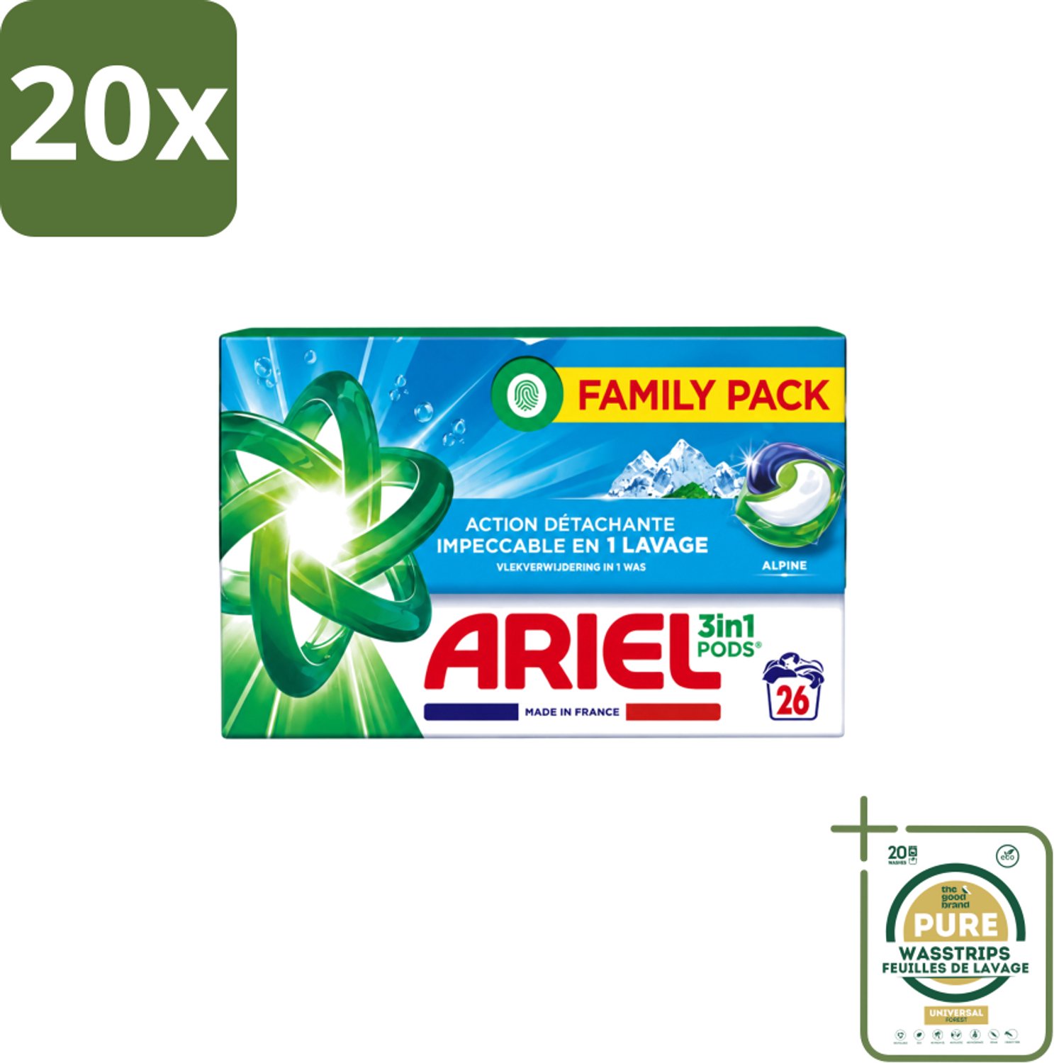 20 x Ariel – Pods 3in1 – Alpine – 26 wasbeurten - Wasstrips - Ariel 3in1 Pods Alpine - Wasmiddel 26 Wasbeurten - Kleurbehoud Wasmiddel - Frisse Geur Wasmiddel - Compacte Pods