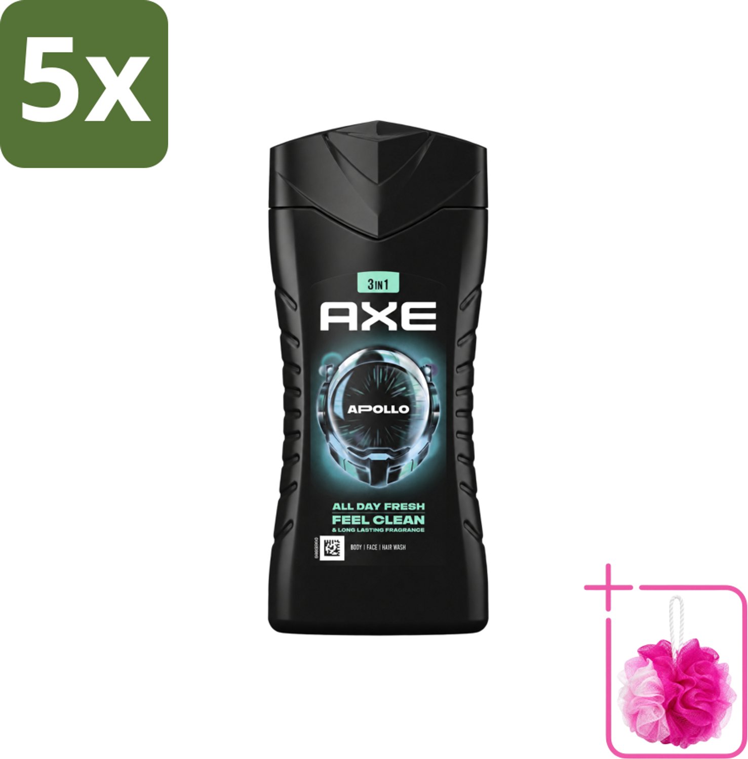 5 x Axe - 3-in-1 Douchegel - Apollo - Sage & Cedarwoord - 12hrs Long Lasting Scent - 250 ml - Bulkverpakking - Douchegel lichaam gezicht haar - Douchemop - Geur salie cederhout