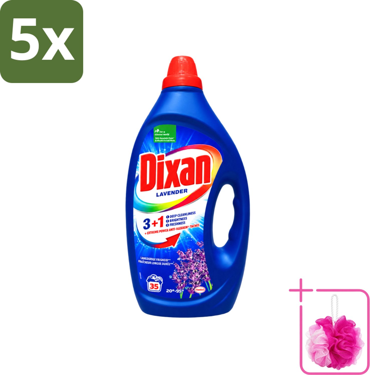 5 x Dixan - Vloeibaar Wasmiddel en Vlekverwijderaar - Witte en Gekleurde Was - Lavendel - 35 Wasbeurten - Bulkverpakking - Vloeibaar wasmiddel - Douchemop - Vlekverwijderaar