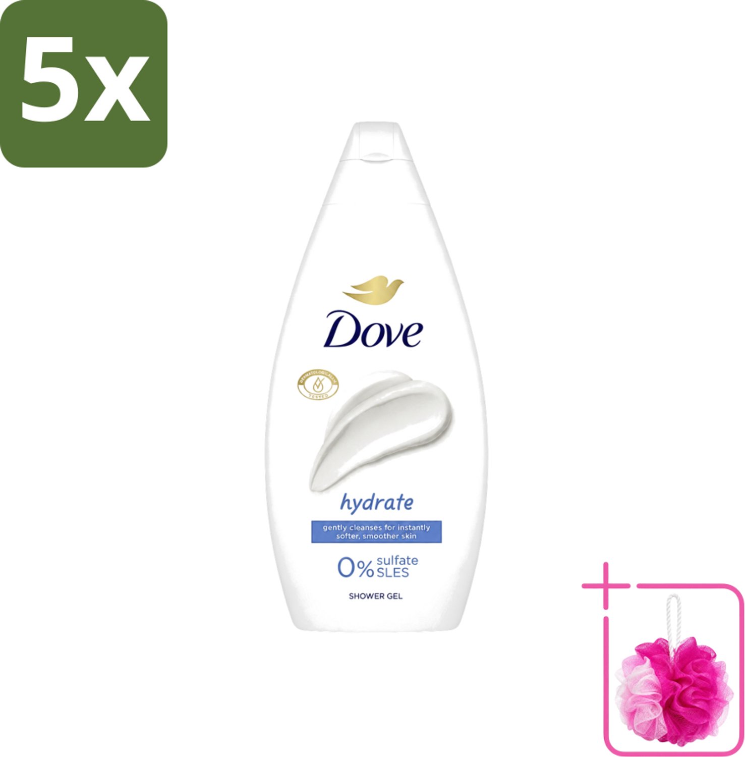 5 x Dove Hydrate - Douchegel - Sulfaatvrij - 250 ml - Bulkverpakking - Hydraterende douchegel - Douchemop - Sulfaatvrije douchegel