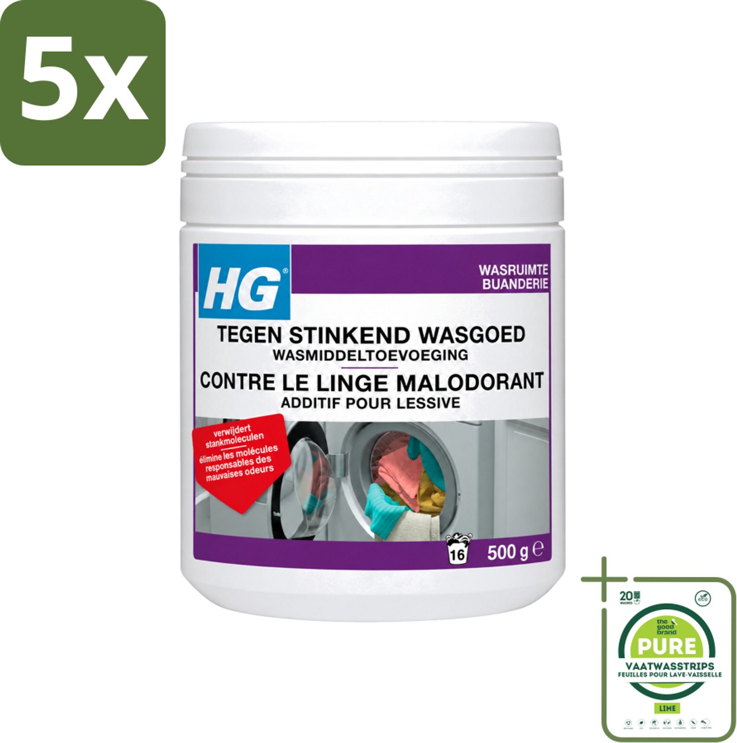 5 x HG - Wasruimte - Tegen Stinkend Wasgoed - Wasmiddeltoevoeging - 500 g - Grootverpakking - Vaatwasstrips - Wasmiddel Tegen Stank - Stinkend Wasgoed - Wasmiddel Toevoeging - Stankmoleculen Verwijderen - Fris Wasgoed