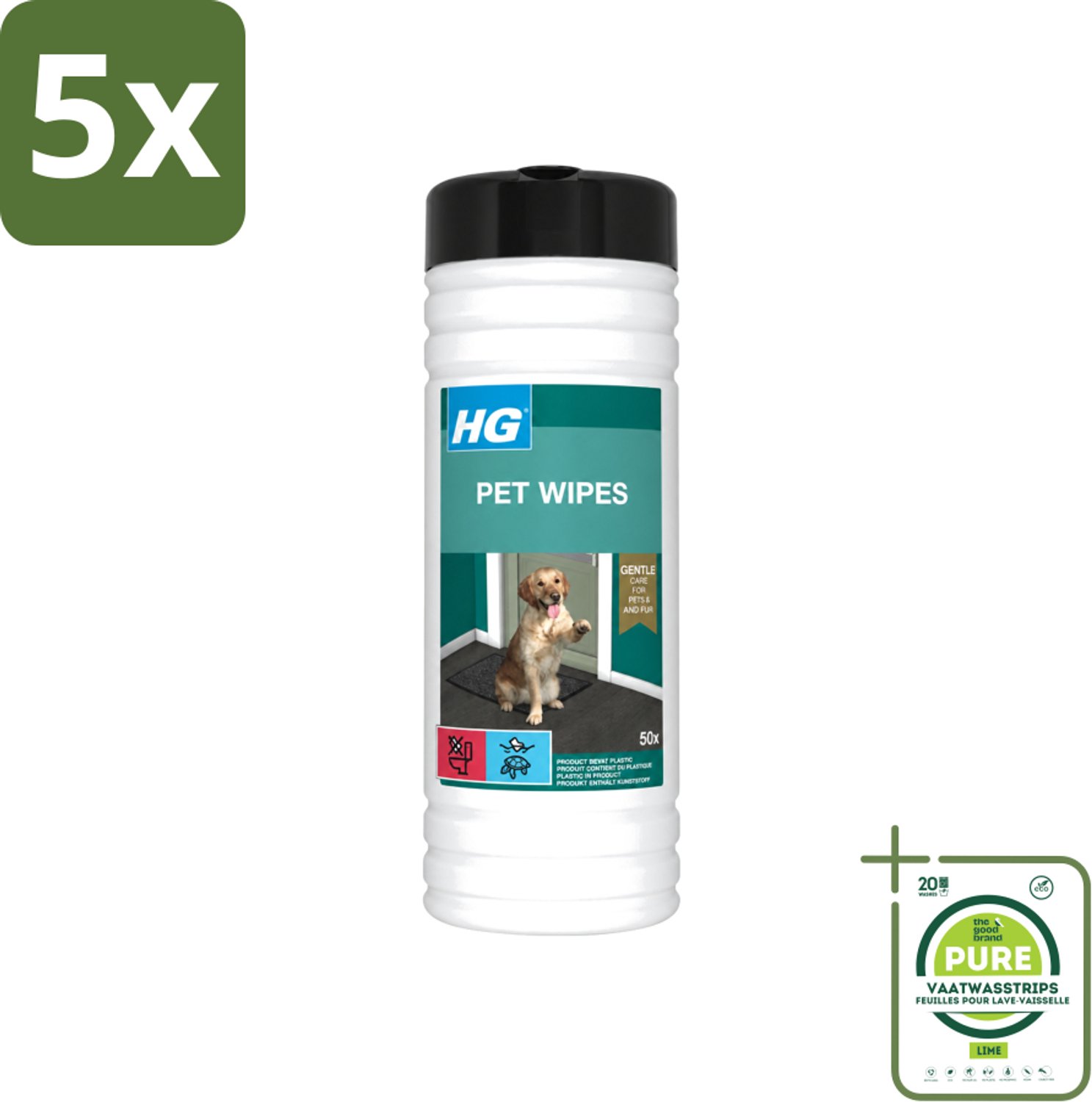 5 x HG - Pet Wipes - Doekjes Voor Huisdieren - 50 Doekjes - Grootverpakking - Vaatwasstrips - Huisdierdoekjes - Reinigen Huisdier - Doekjes Voor Huisdieren - Huisdier Reinigen - Doekjes Voor Huisdieren Tussen Baden