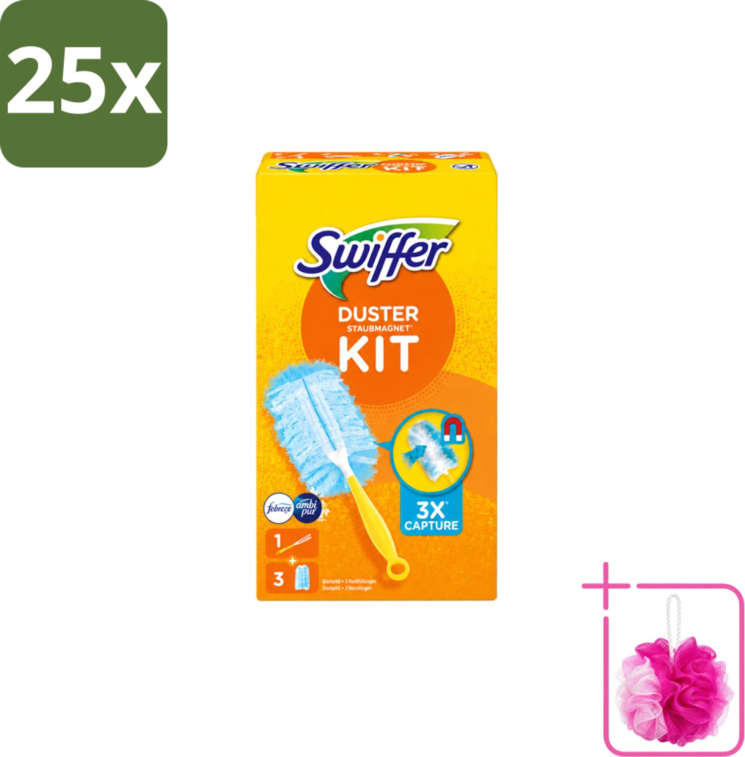 25 x Swiffer – Starterkit + 3 Navullingen – Met Febreze - Bulkverpakking - Stofvrij maken - Douchemop - Stof opvangen