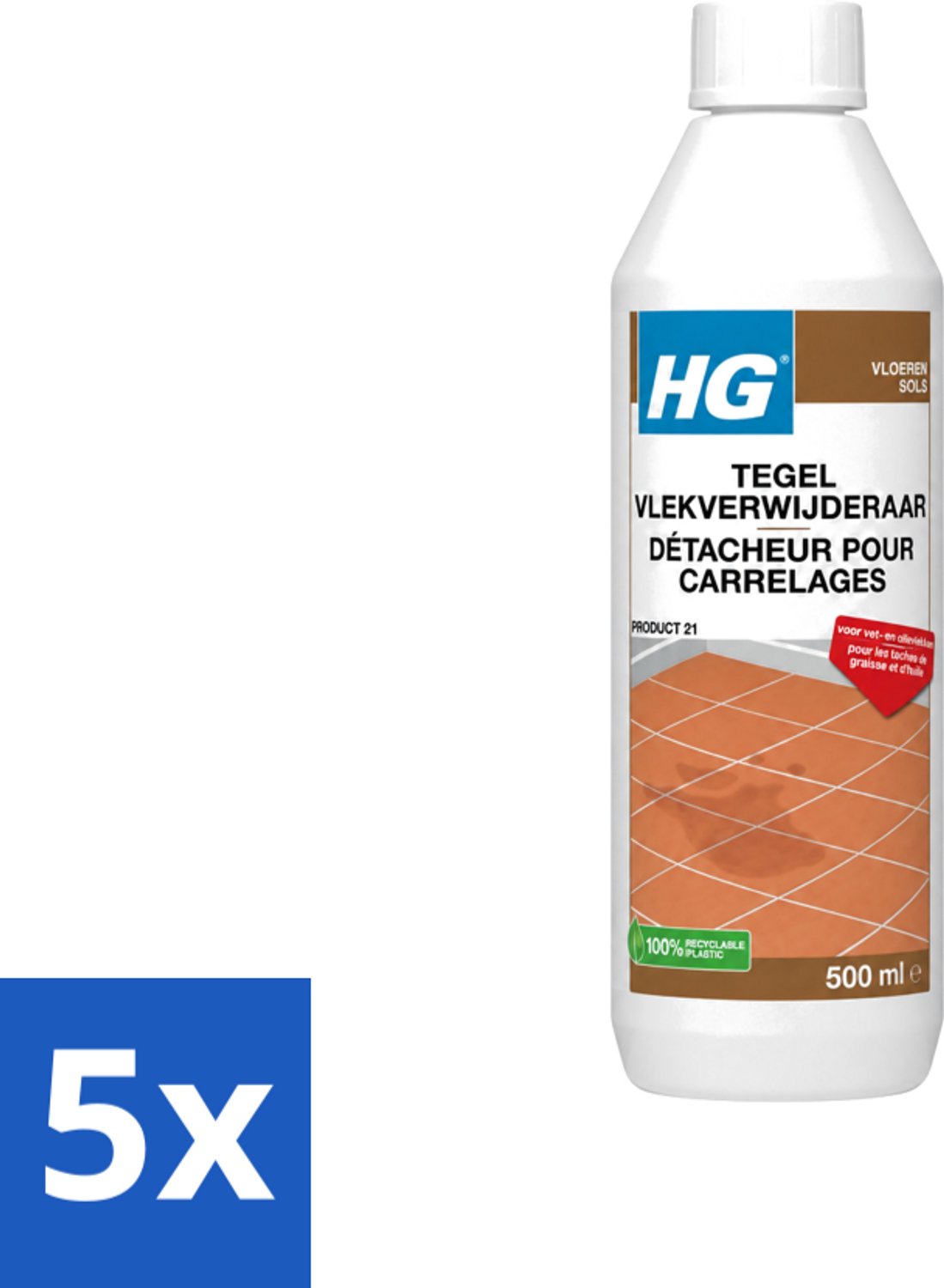 5 x HG - Vloeren - Tegel Vlekverwijderaar - Voor Vet & Olievlekken - 500 ml - Voordeelverpakking - 5 stuks