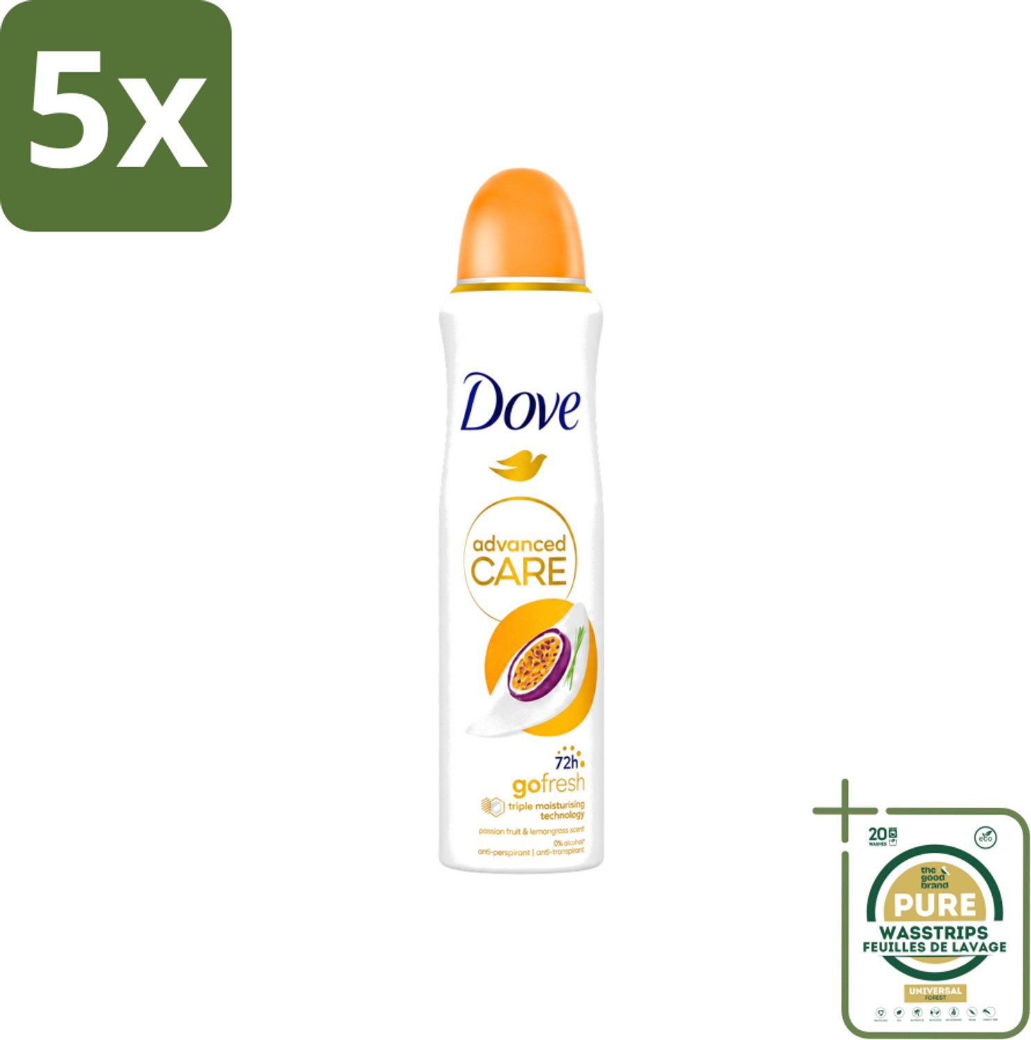 5 x Dove - Deospray - Passievrucht & Citroengras - 150 ml - Wasstrips - Passievrucht En Citroengras - Anti-transpirant - Deospray - Okselbescherming - Geur