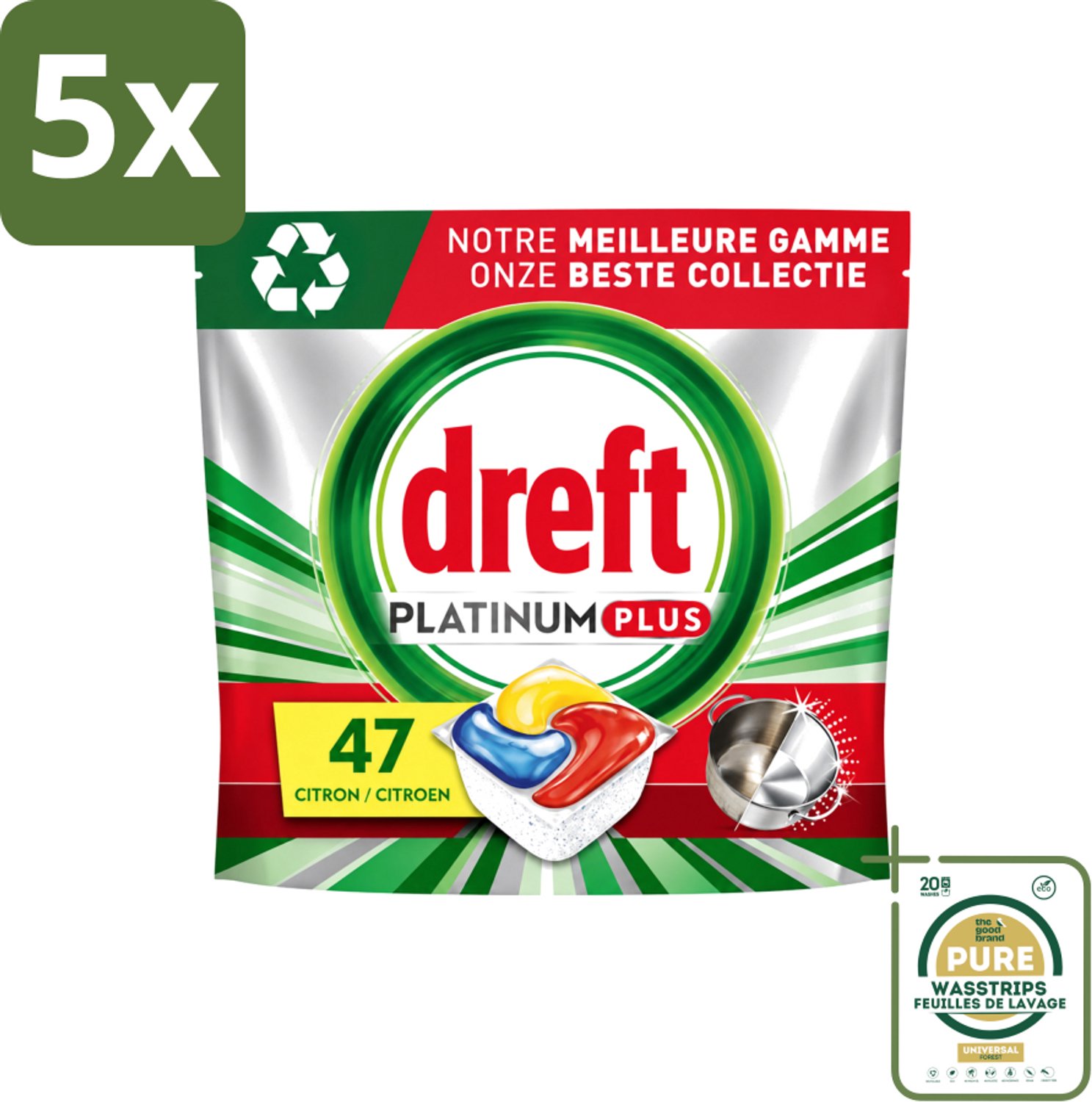 5 x Dreft Platinum Plus - All In One - Vaatwascapsules - Anti-Matt Technologie - Citroen - 47 Afwasbeurten - Wasstrips - Vaatwasmiddel - Vaatwascapsule - Vaatwasmiddel Capsule - Vaatwasmiddel 71 Wasbeurten - Vaatwasmiddel Met Spoelglans