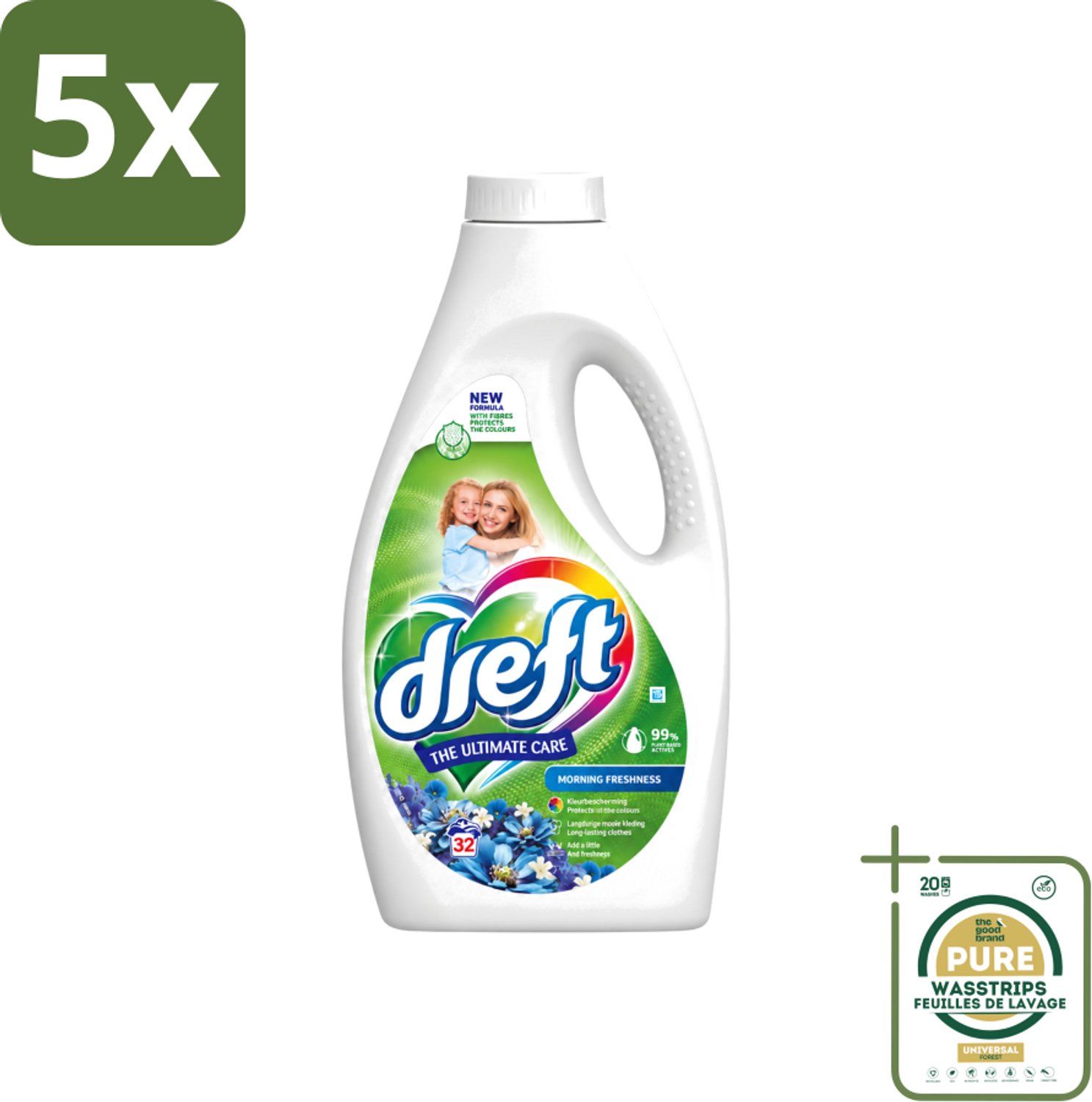 5 x Dreft - Ultimate Care - Vloeibaar Wasmiddel - Gekleurde Was - Ochtendfris - 32 Wasbeurten - Wasstrips - Gekleurde Was - Ochtendfris - Wasmiddel - Wasbeurt - Kleurbescherming