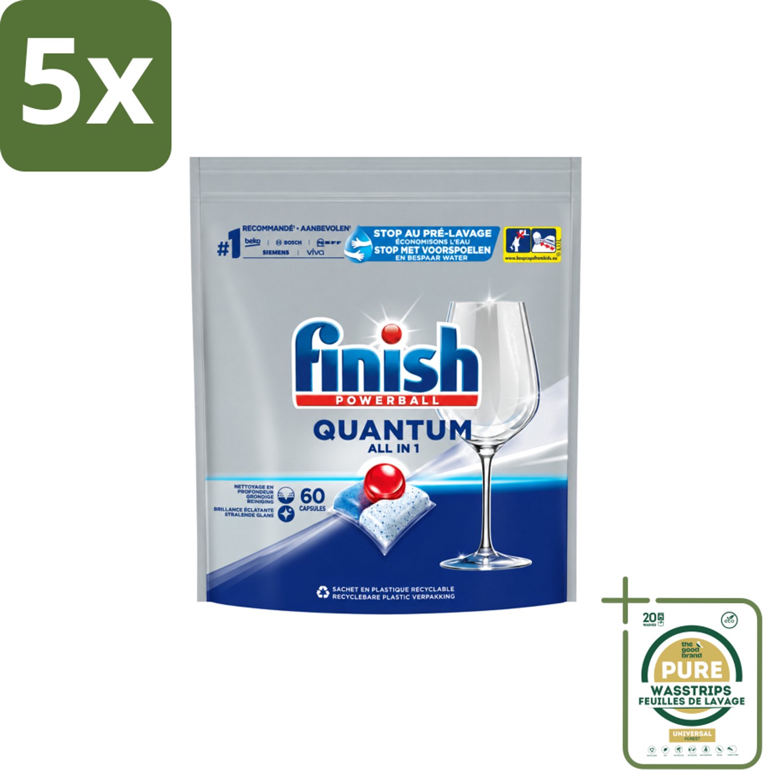 5 x Finish – Vaatwastabletten – Quantum All-in-1 – 60 Capsules - Wasstrips - Vaatwastabletten - Vaatwassen - Reiniging - Glans - Vet Verwijderen